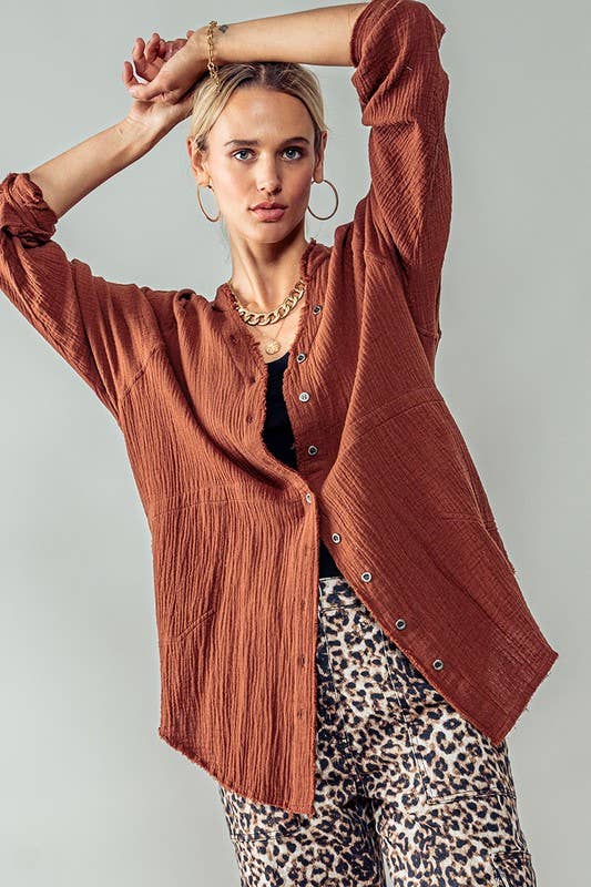 Urban Daizy PREMIUM SOFT FRAYED HEM GAUZE VINTAGE WASHED SHIRT Forest-Green Button Down Shirt - Women's (UDZ-TP-00225) –…