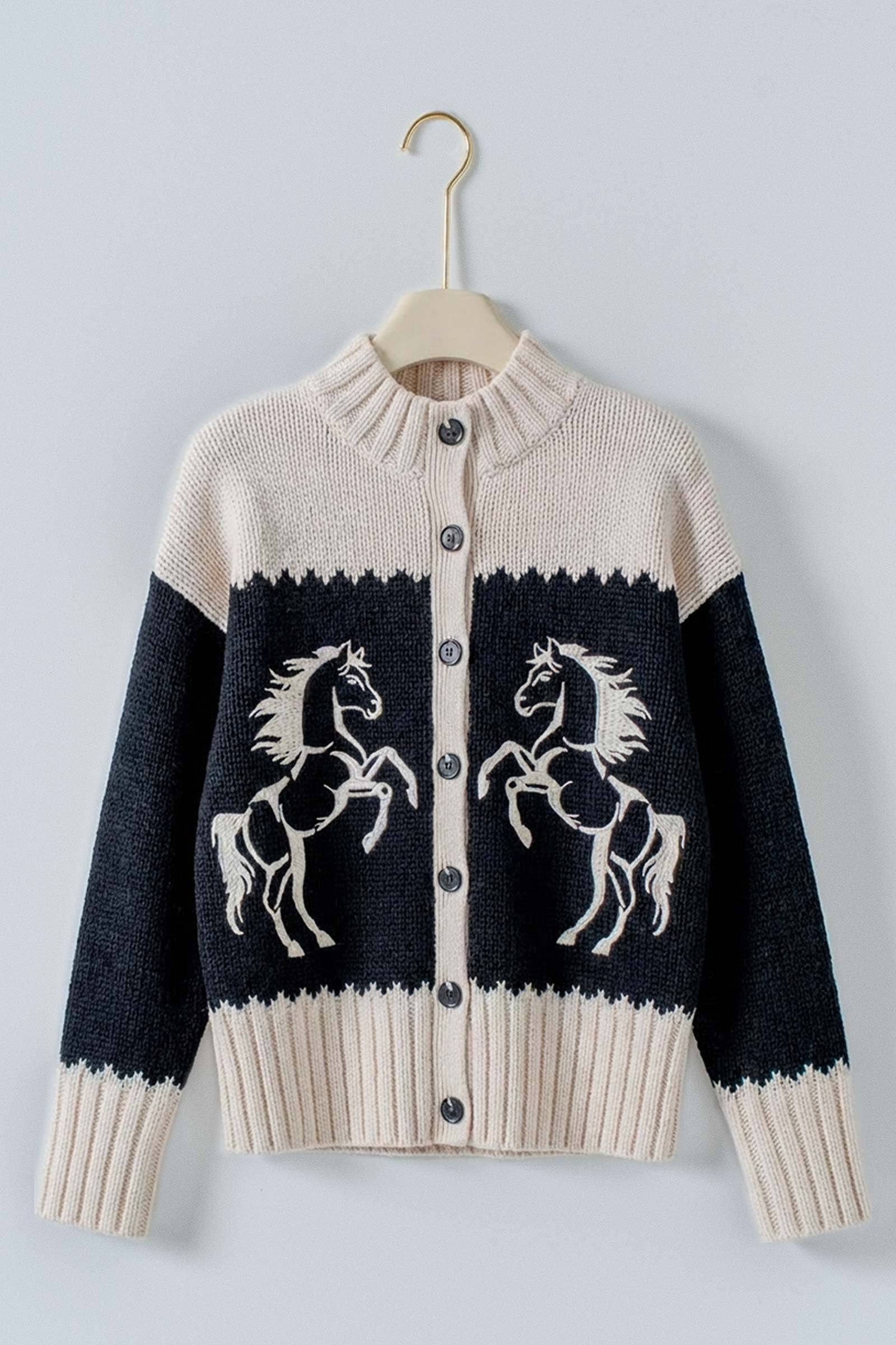 Urban Daizy Western Horse Intarsia Knit Cardigan Black-Ivory Cardigan - Women's (UDZ-KN-01055)