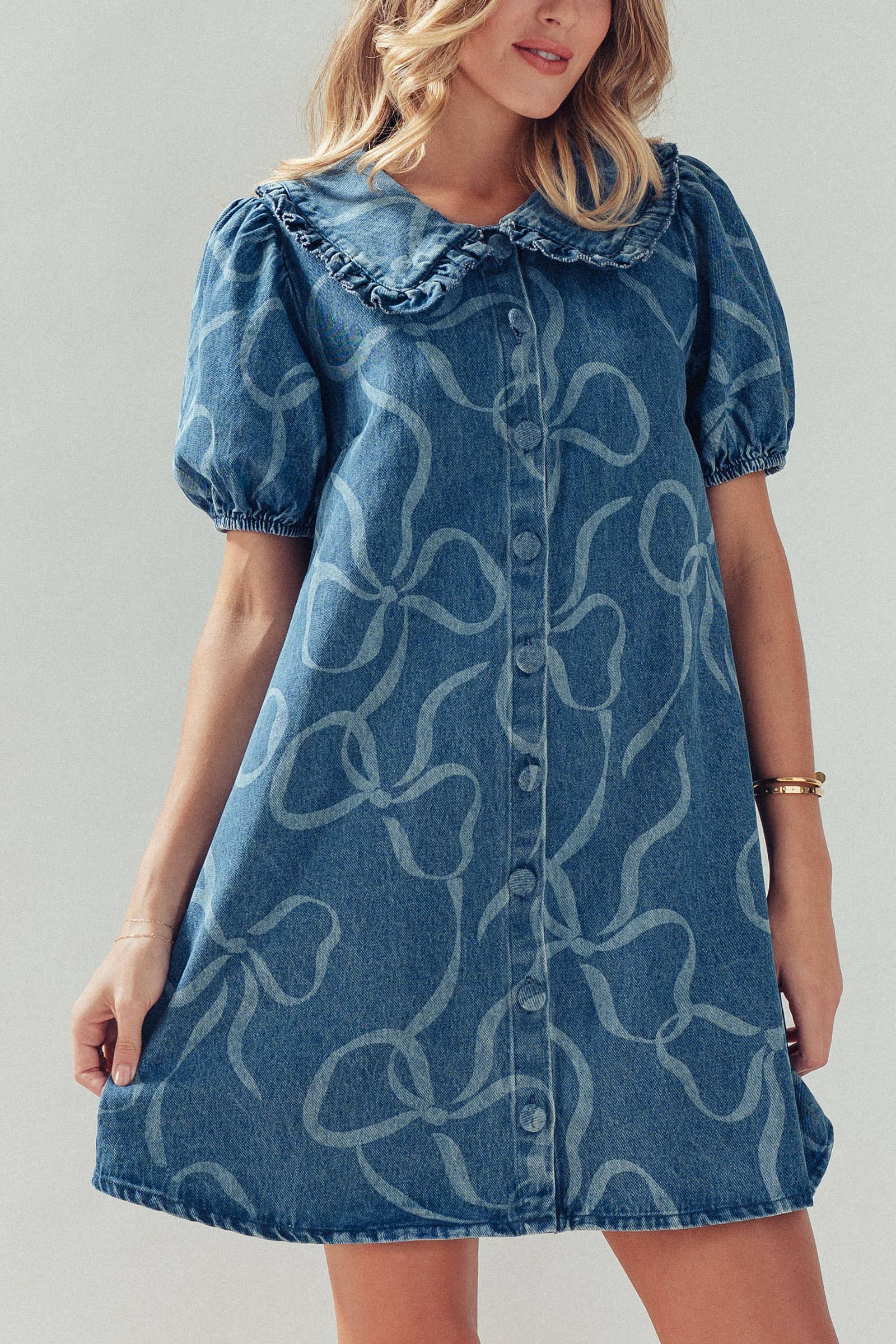Bow Print Puff Sleeve Denim Mini Dress