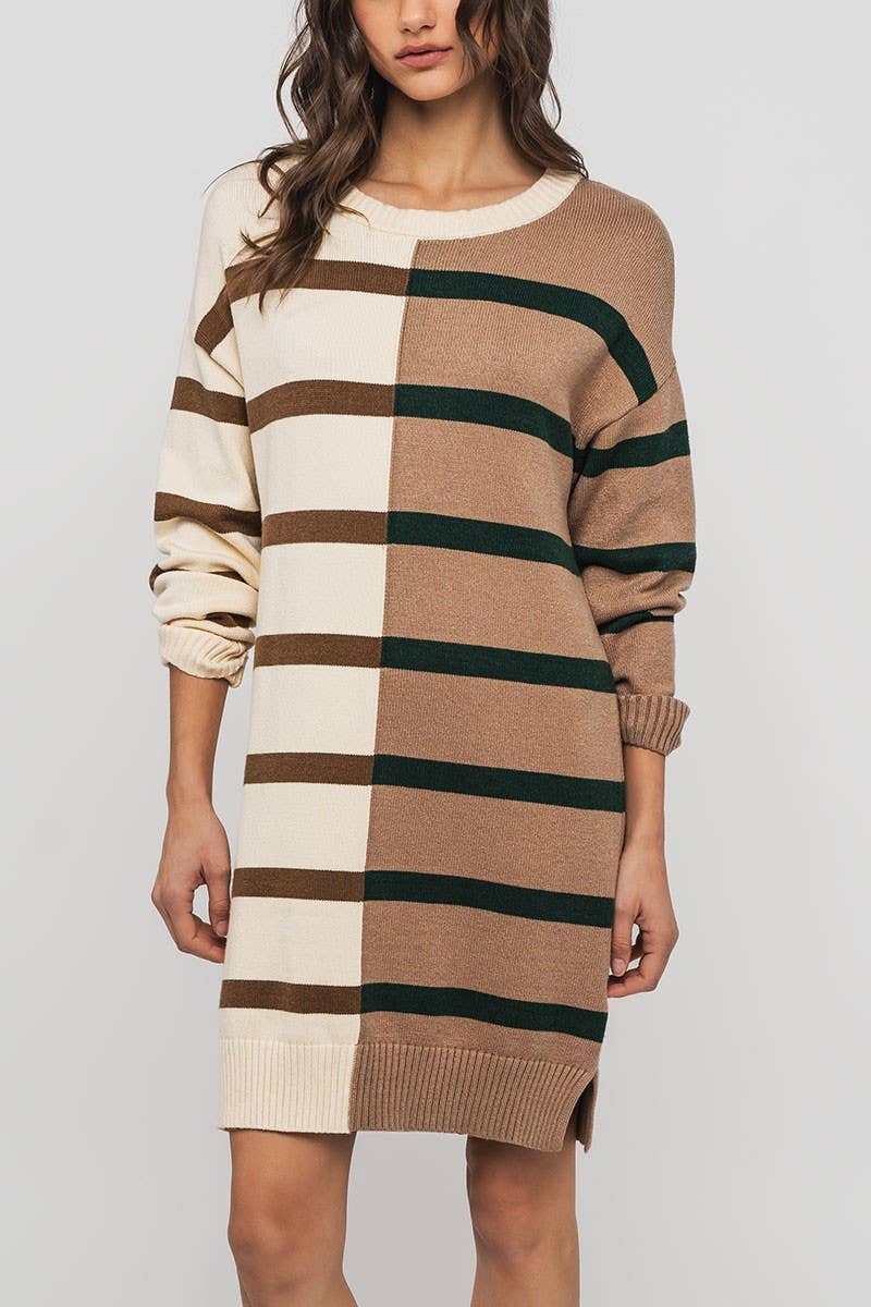 Urban Daizy Two-Tone Striped Knit Sweater Dress Cream-Multi Dress - Women's (UDZ-DR-00352)