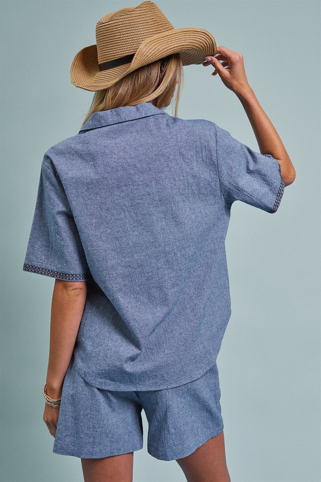 Sweet Cowgirl Boot Stitch Embroidered Shirt in BLUE - Women's Shirts & Blouses | Urban Daizy