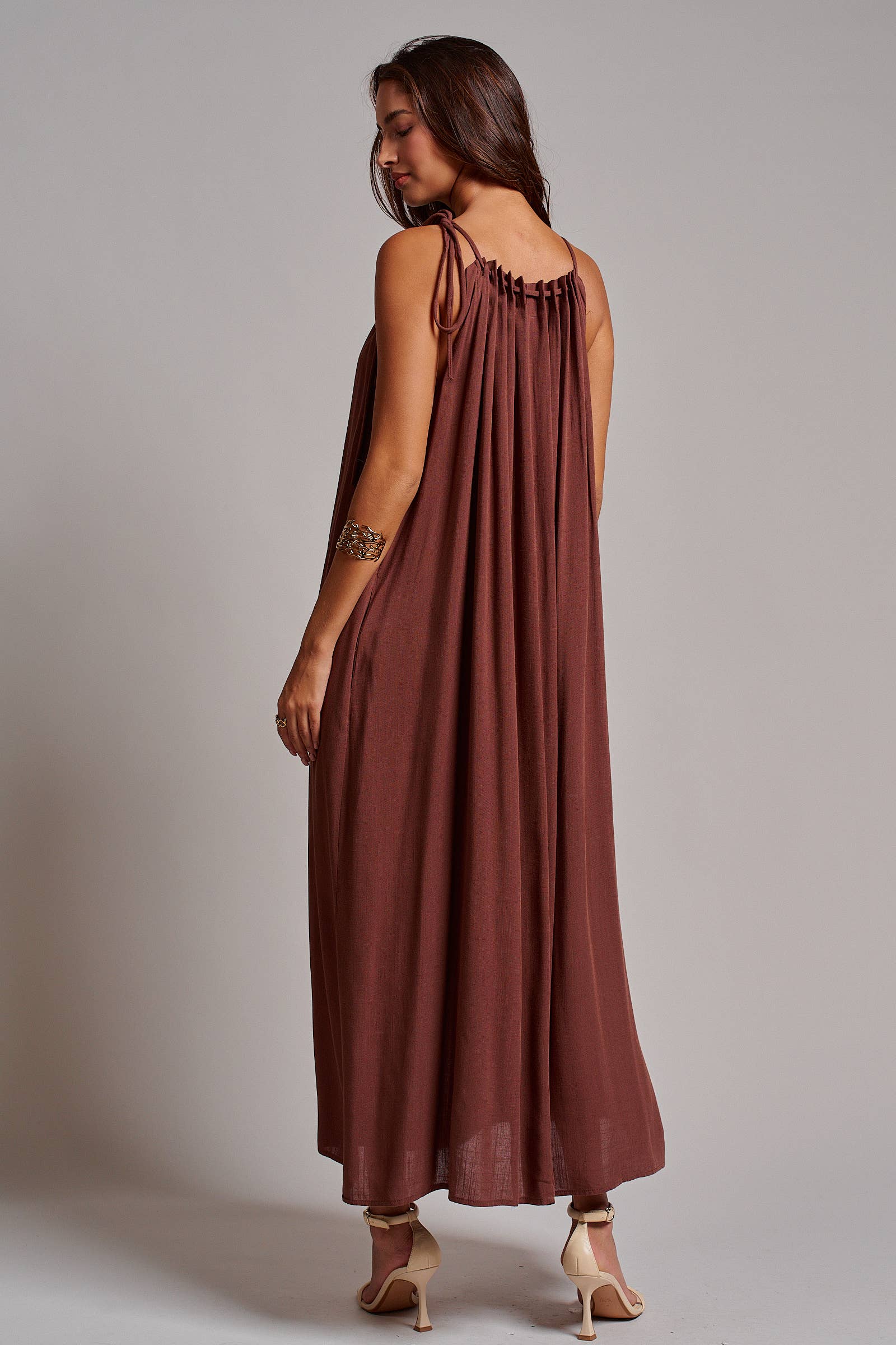 Beaded Halter Neck Linen Blend Maxi Dress