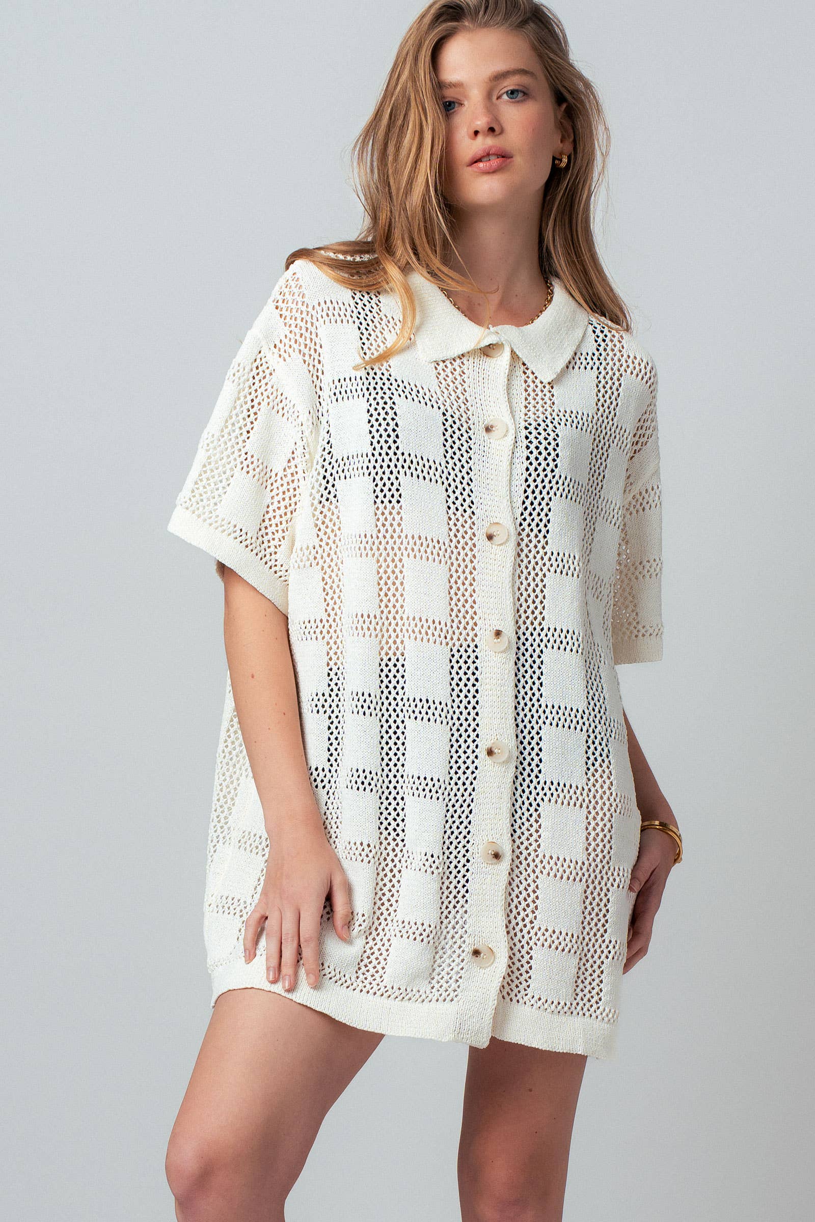 Open-Knit Collared Button-Front Tunic