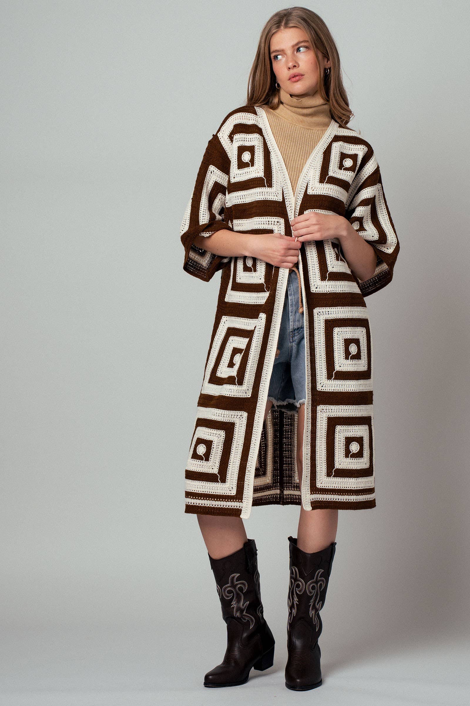Geometric Granny Square Crochet Open Front Cardigan