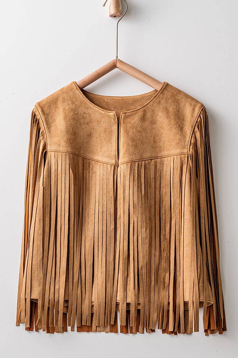 Western Faux Suede Fringe Open Front Jacket