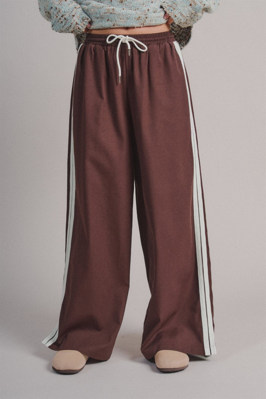 Side Stripe Drawstring Wide-Leg Pants in BROWN - Women's Casual Pants | Urban Daizy