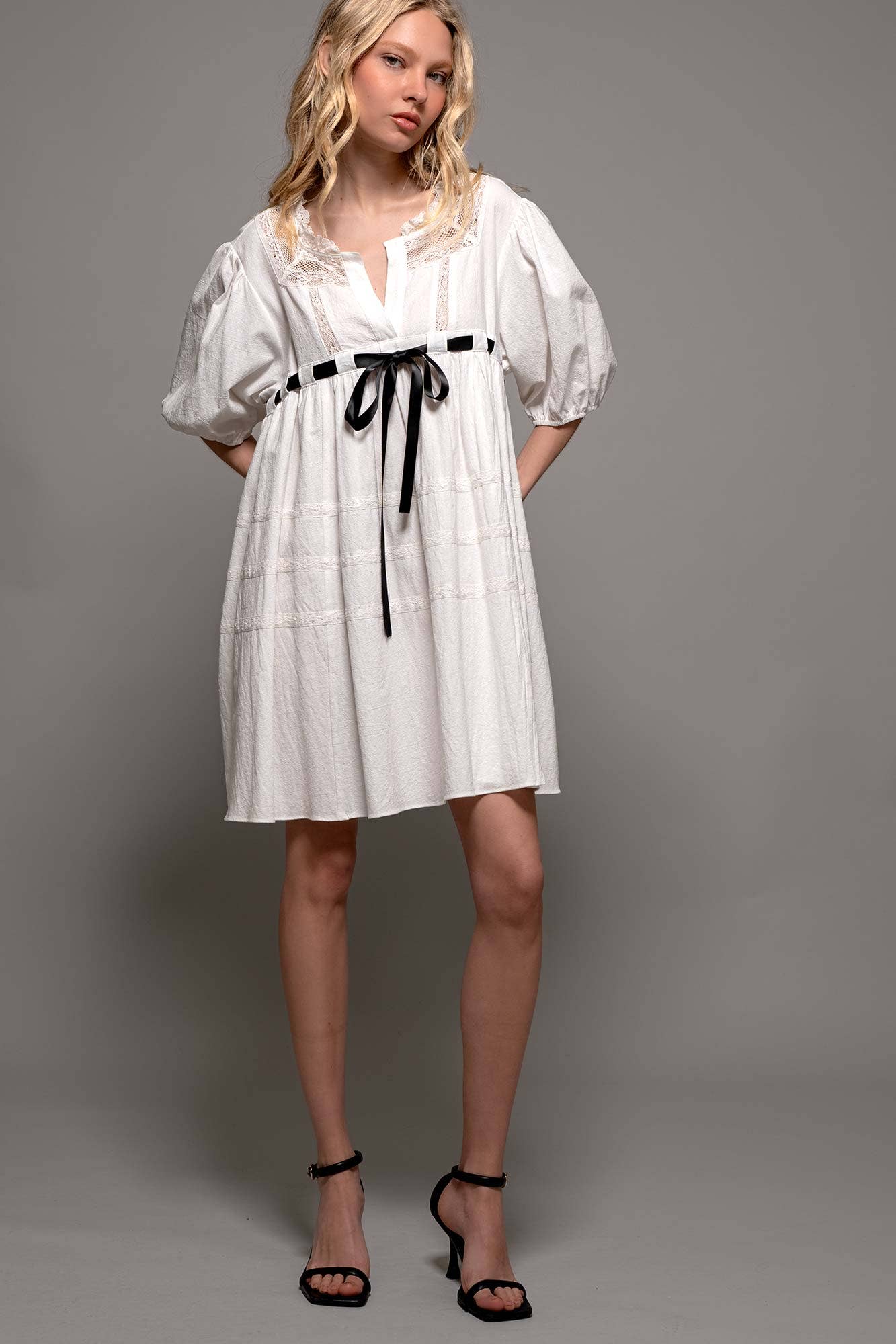 Urban Daizy Square Neck Lace Trim Bow Detail Empire Waist Dress Ivory Dress - Women's (UDZ-DR-00332) – alternate view 18