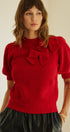 Bow Detail Puff Sleeve Ribbed Knit Sweater in RED - Women's Sweaters | Urban Daizy