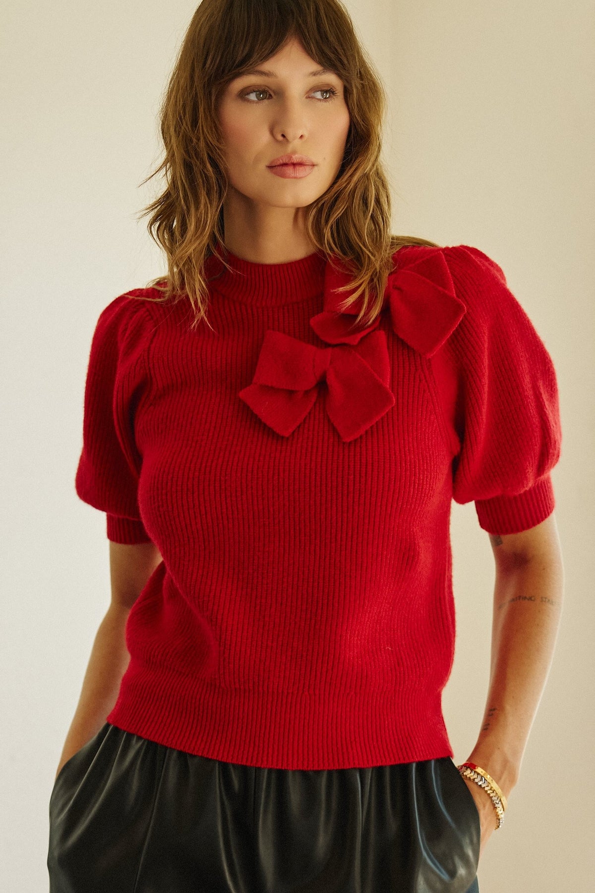 Bow Detail Puff Sleeve Ribbed Knit Sweater in RED - Women's Sweaters | Urban Daizy