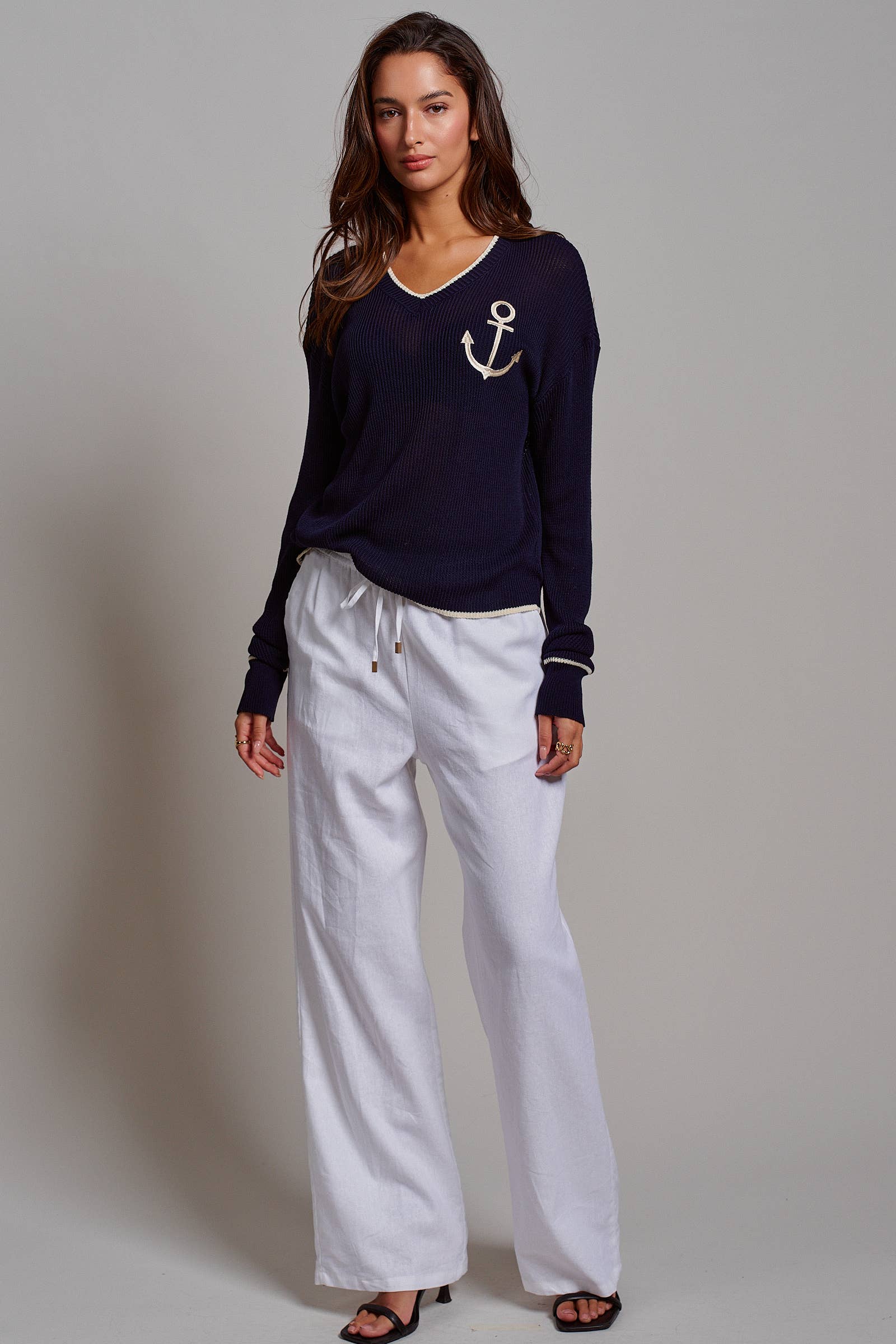 Nautical Anchor V-Neck Knit Top Contrast Trim
