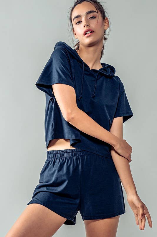 Urban Daizy Cropped Short Sleeve Drawstring Hooded Pullover Top Black Hoodie - Women's (UDZ-KN-00341) – alternate view 16