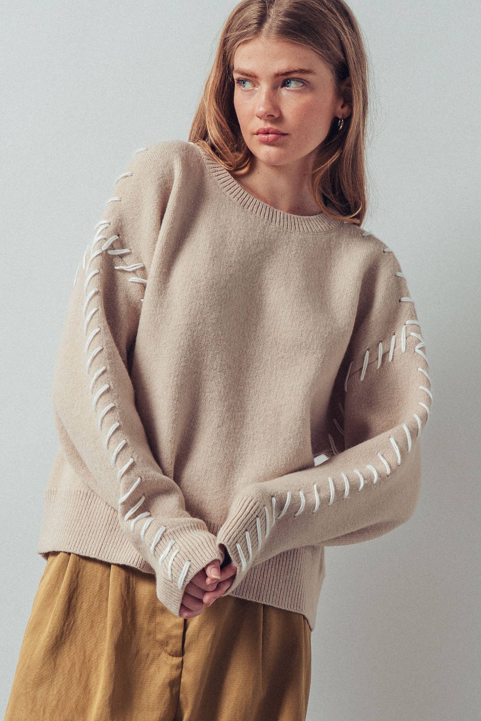 Contrast Whipstitch Detail Knit Sweater