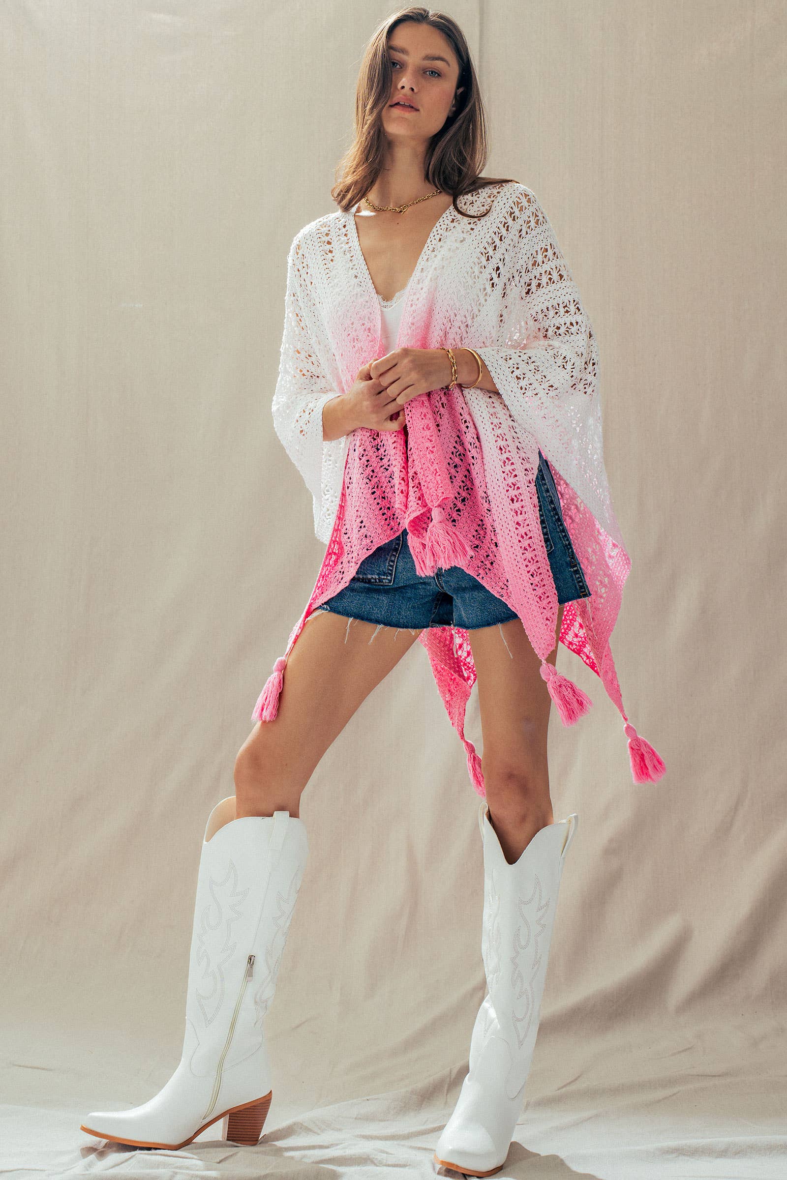 Urban Daizy Ombre Crochet Knit Poncho Tassel Cover-Up Sage Poncho - Women's (UDZ-OT-00492) – alternate view 5