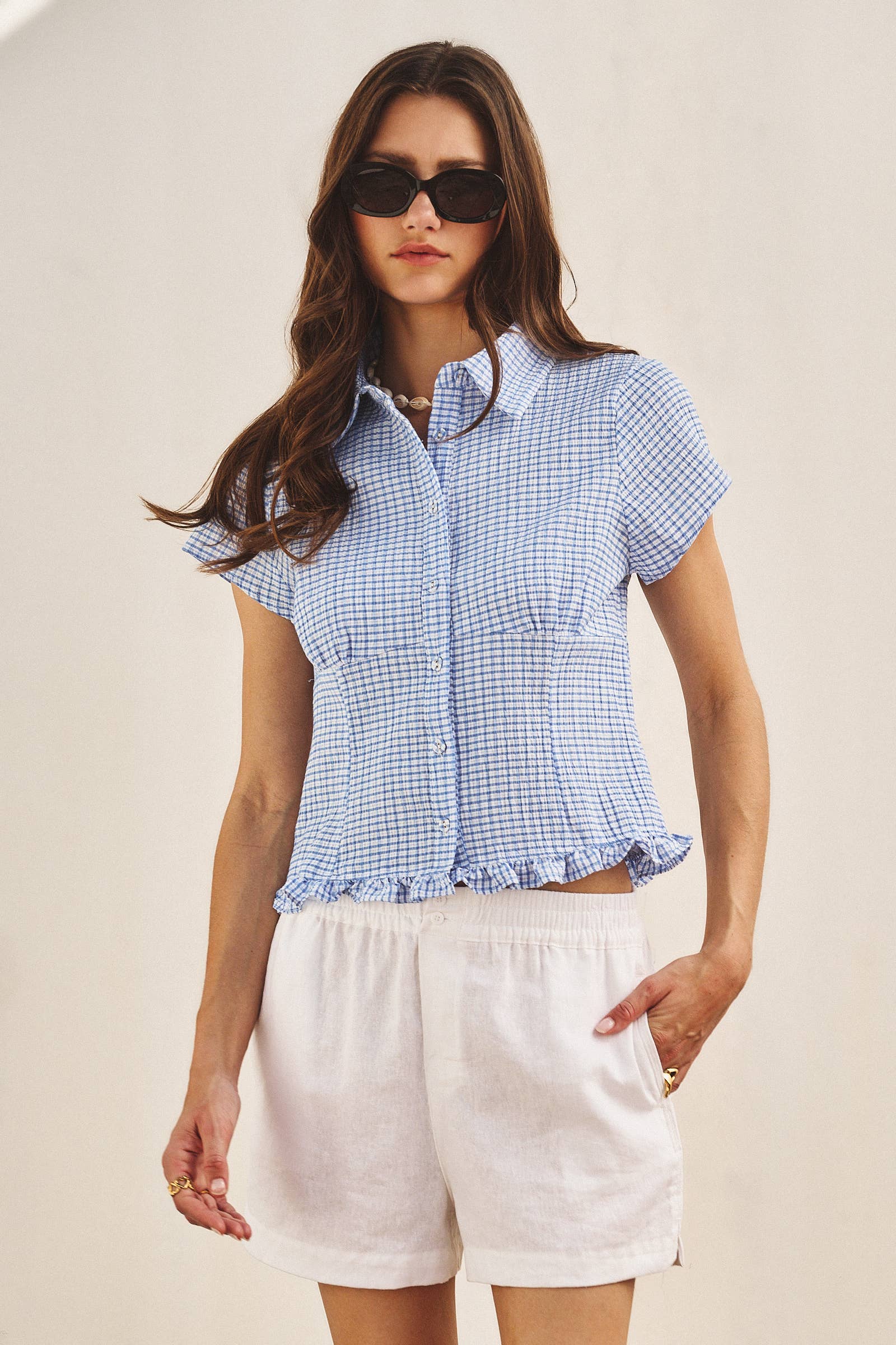 Crinkle Gingham Short Sleeve Peplum Blouse