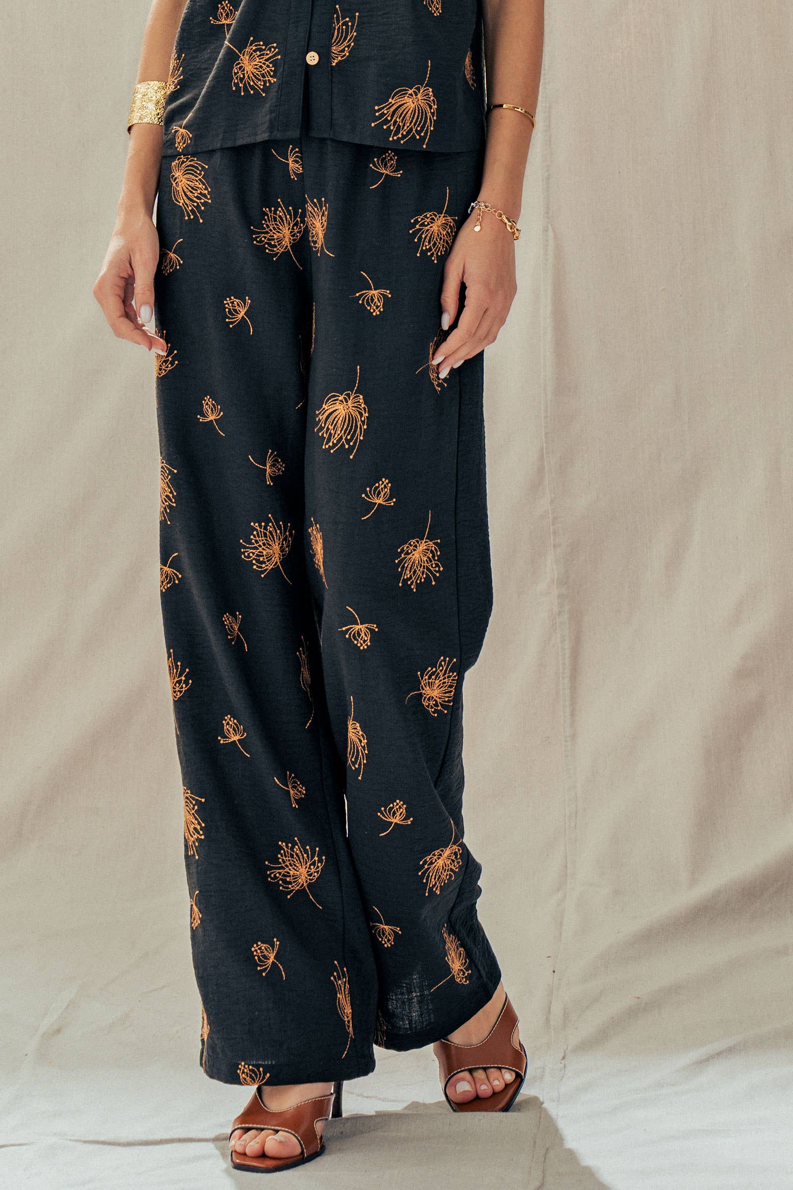 Floral Print Wide-Leg Linen Blend Pants