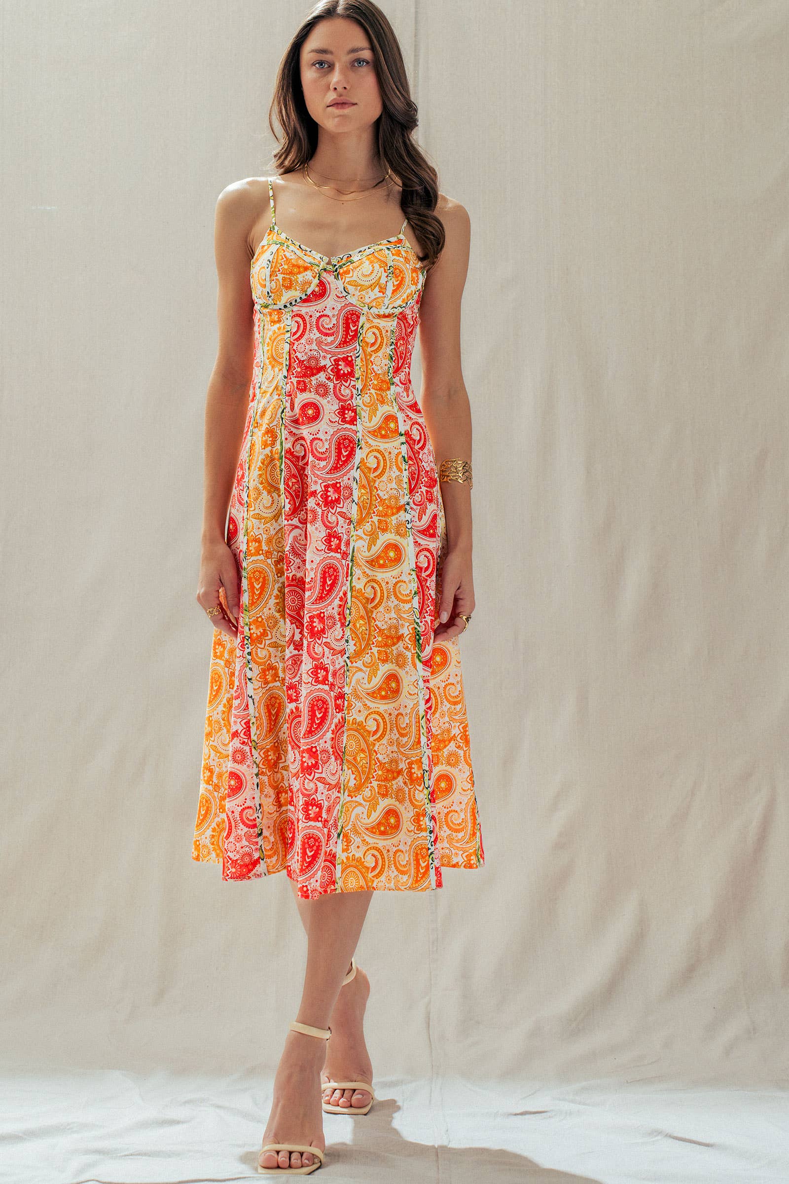 Urban Daizy Paisley Print Contrast Stitch Bustier Midi Dress Pink-Multi Dress - Women's (UDDR0340)