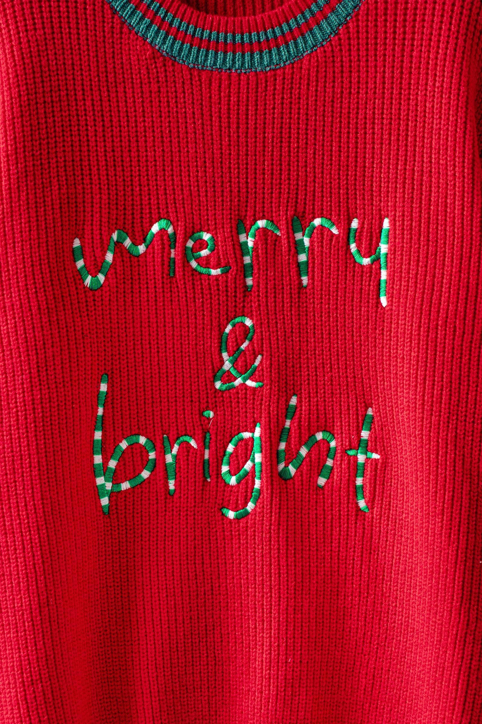 "Merry & Bright" Graphic Sweater with Striped Trim