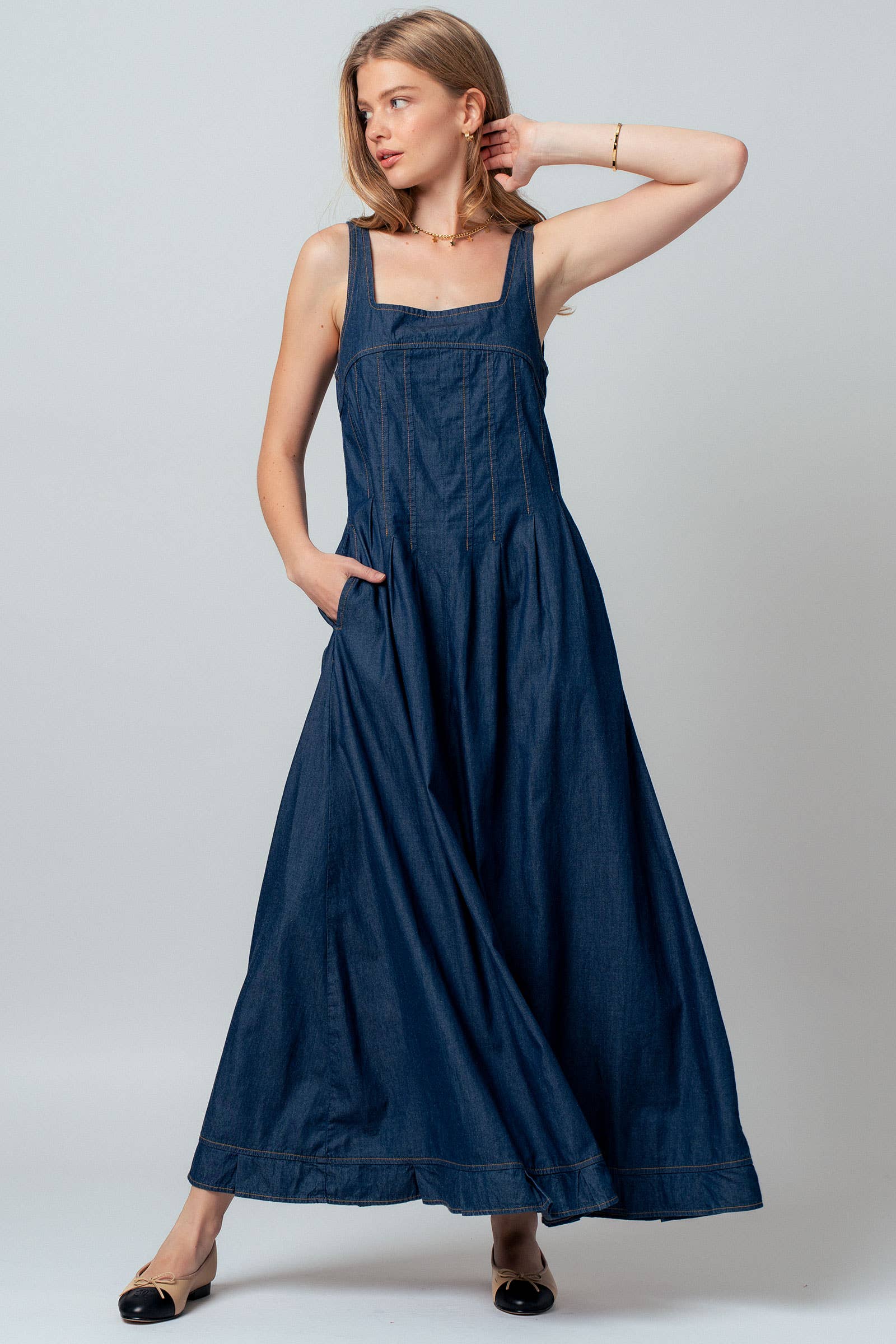Smocked Back Denim Maxi Dress