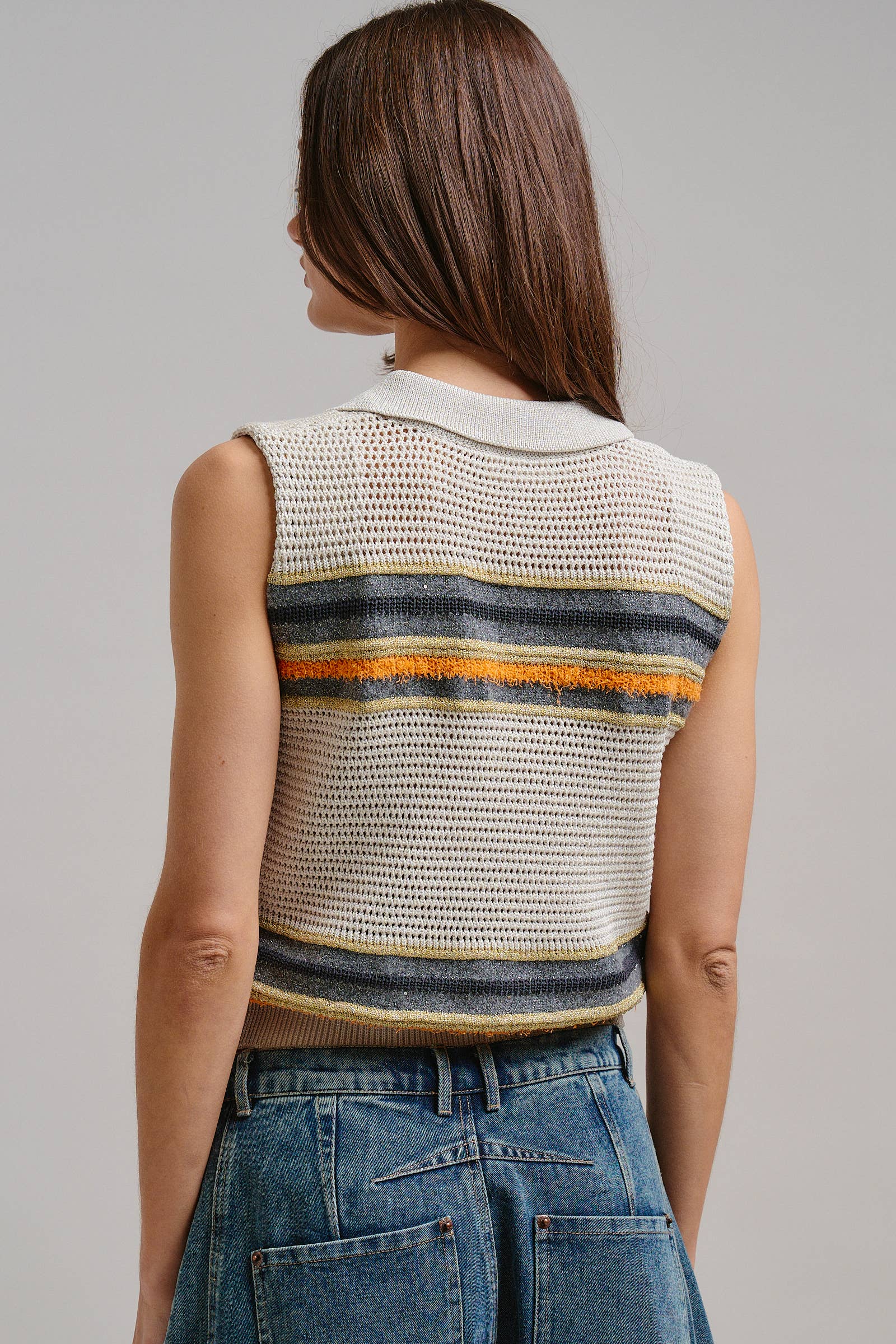 Retro Striped Metallic Knit Sleeveless Polo