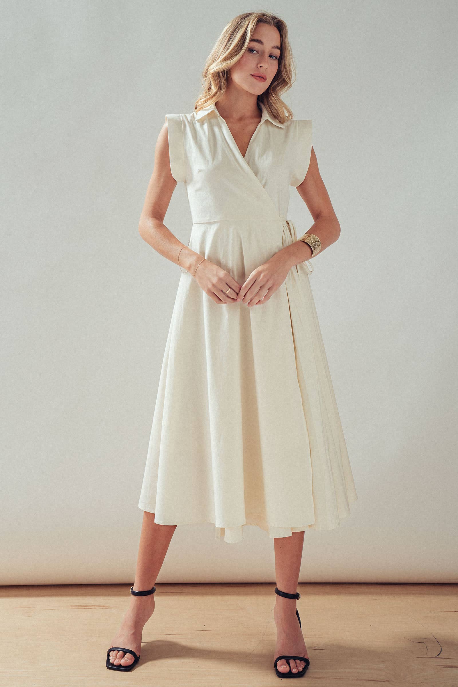 Collared Cap Sleeve Wrap Midi Dress