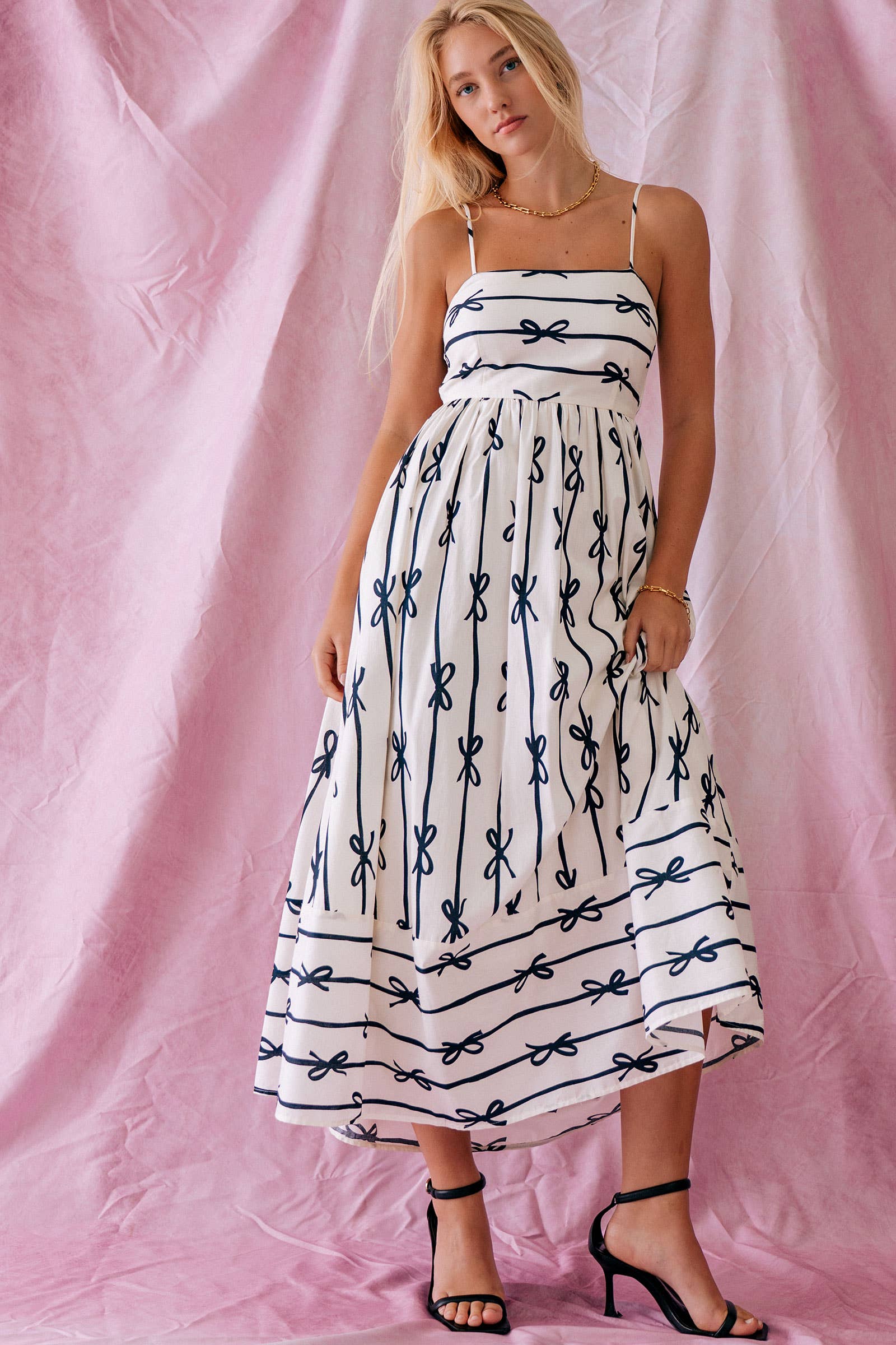 Sweet Ribbon Stripe Bow Print Smocked Back Maxi Dress