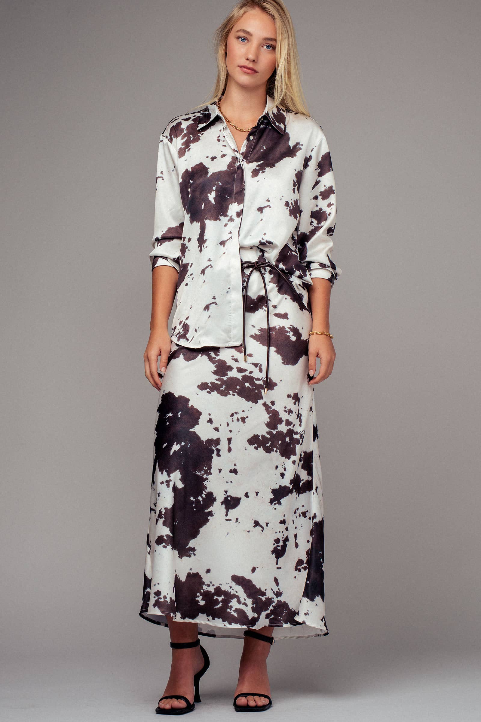 Urban Daizy Cowhide Print Satin Drawstring Midi Skirt Black Skirt - Women's (UDZ-DR-00390) – alternate view 10