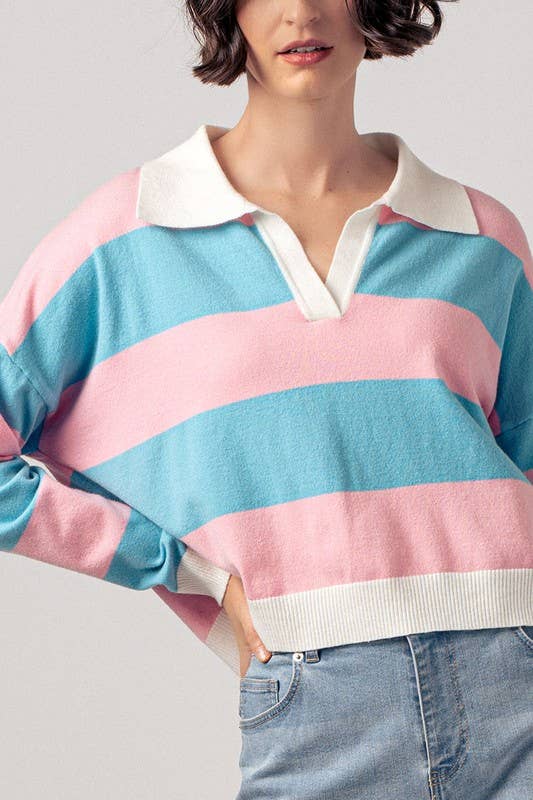 Preppy Striped Contrast Collar Cropped Rugby Long Sleeve Top