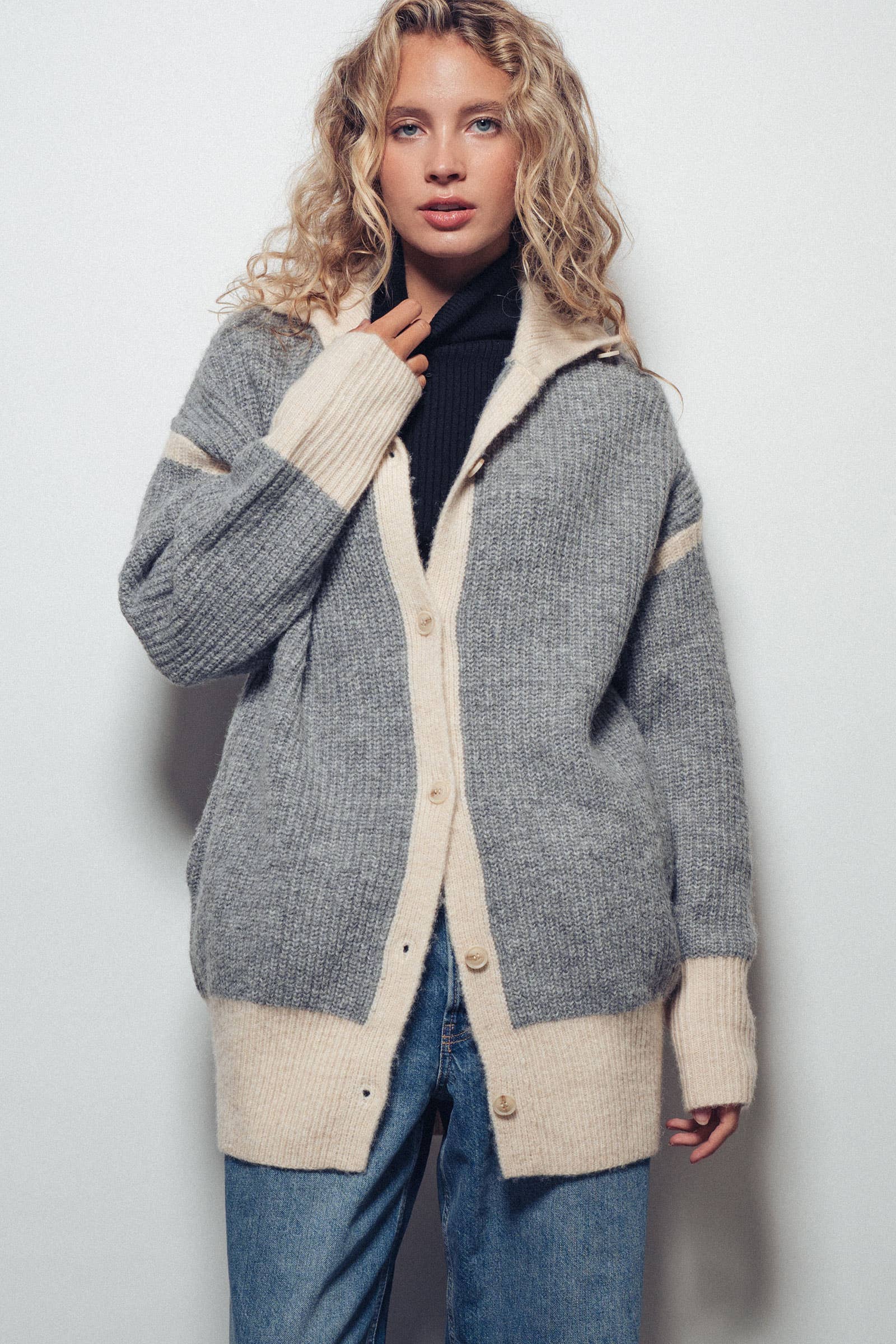 Urban Daizy Contrast Trim Collared Sweater Cardigan Brown Cardigan - Women's (UDZ-TP-00814) – alternate view 7