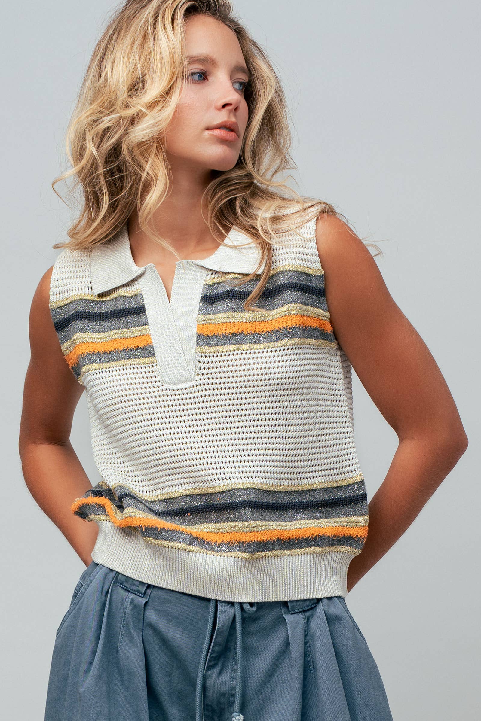 Textured Stripe Collared Open-Knit Vest