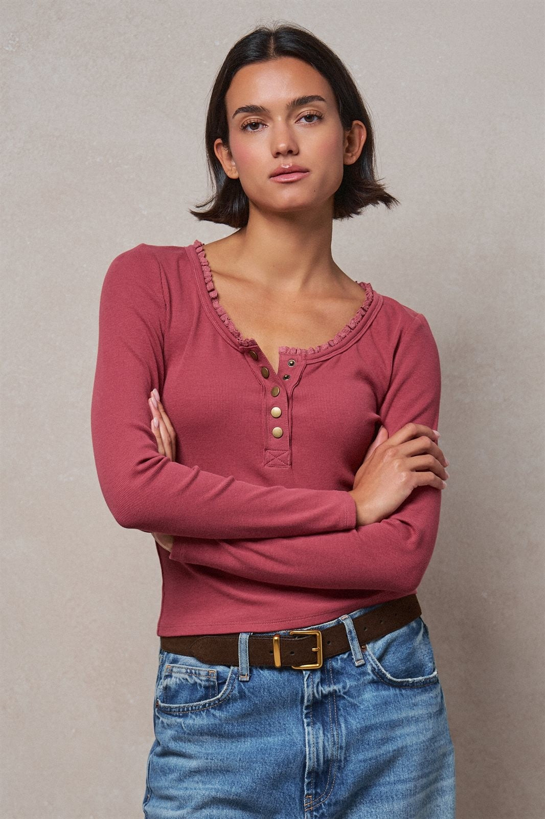 Ribbed Henley Top with Crochet Trim Neckline in MAUVE - Women's T-Shirts & Polos | Urban Daizy