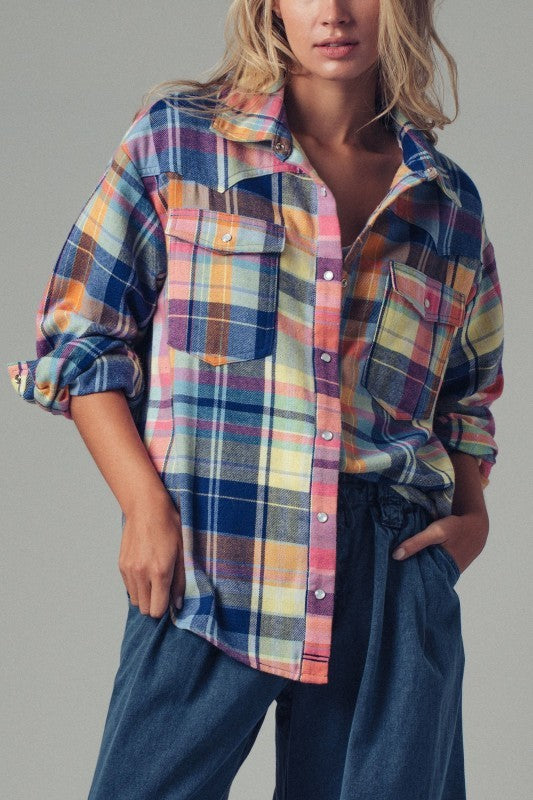 Oversized Plaid Button-Up Flannel Shirt w Pockets in BLUE MULTI - Women's Shirts & Blouses | Urban Daizy