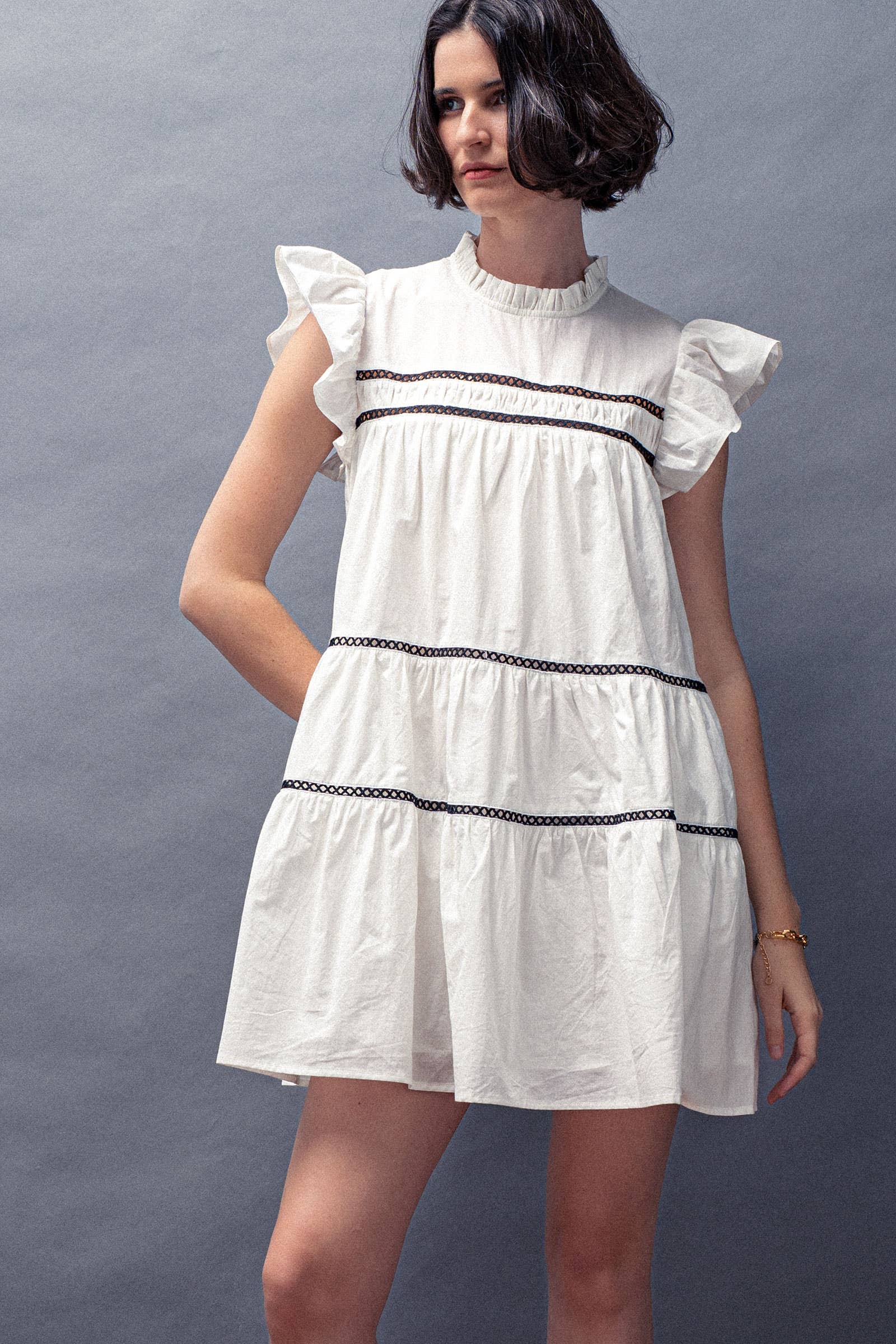 Urban Daizy Lace Trim Ruffle Sleeve Tiered Spring Mini Dress Black Dress - Women's (UDZ-DR-00204) – alternate view 8