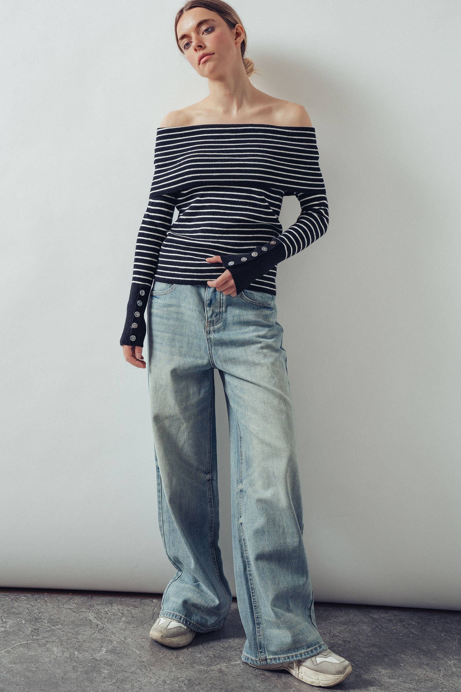 Off-Shoulder Striped Knit Top