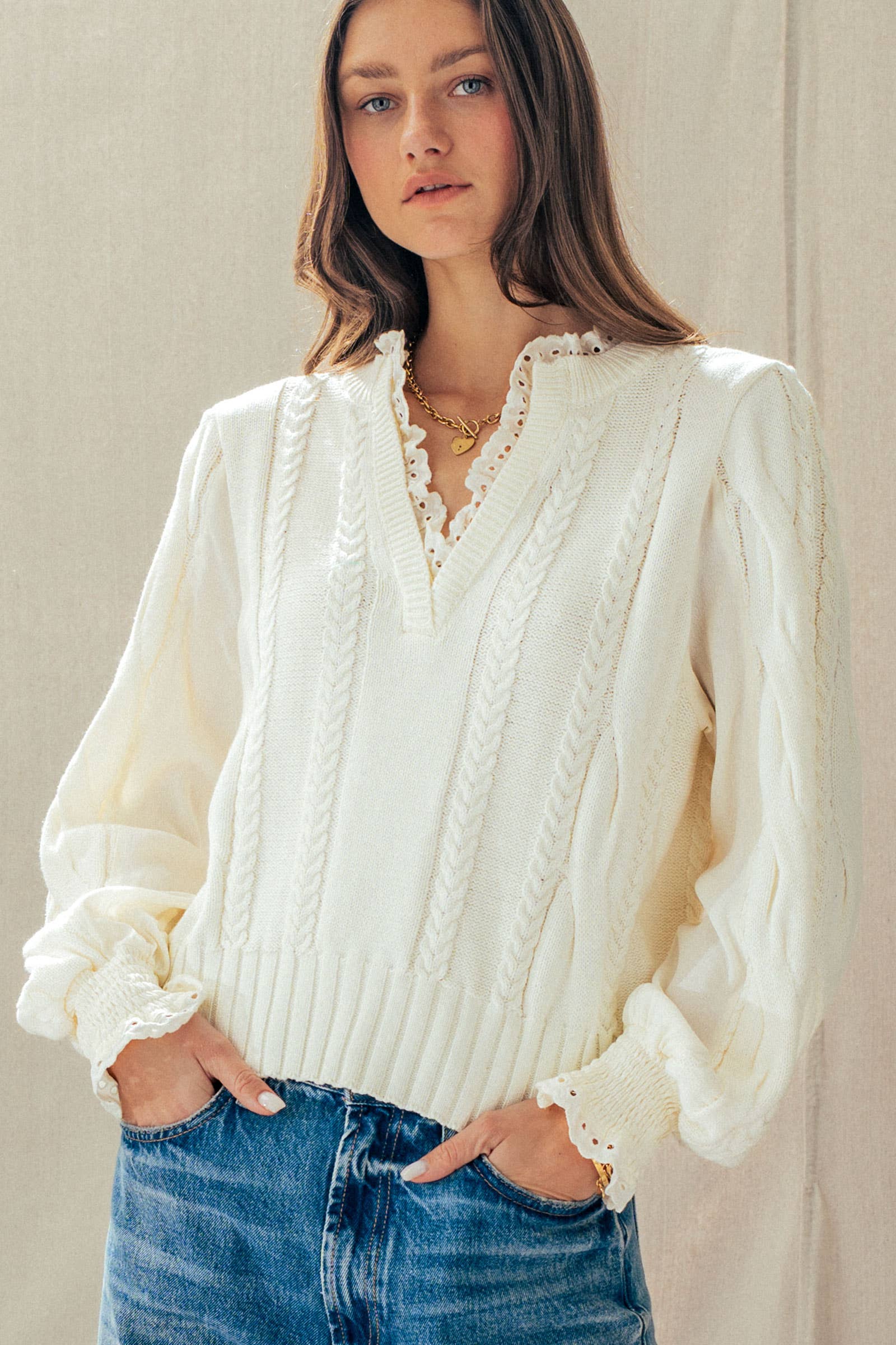 Lace Trim Cable Knit Pullover Sweater