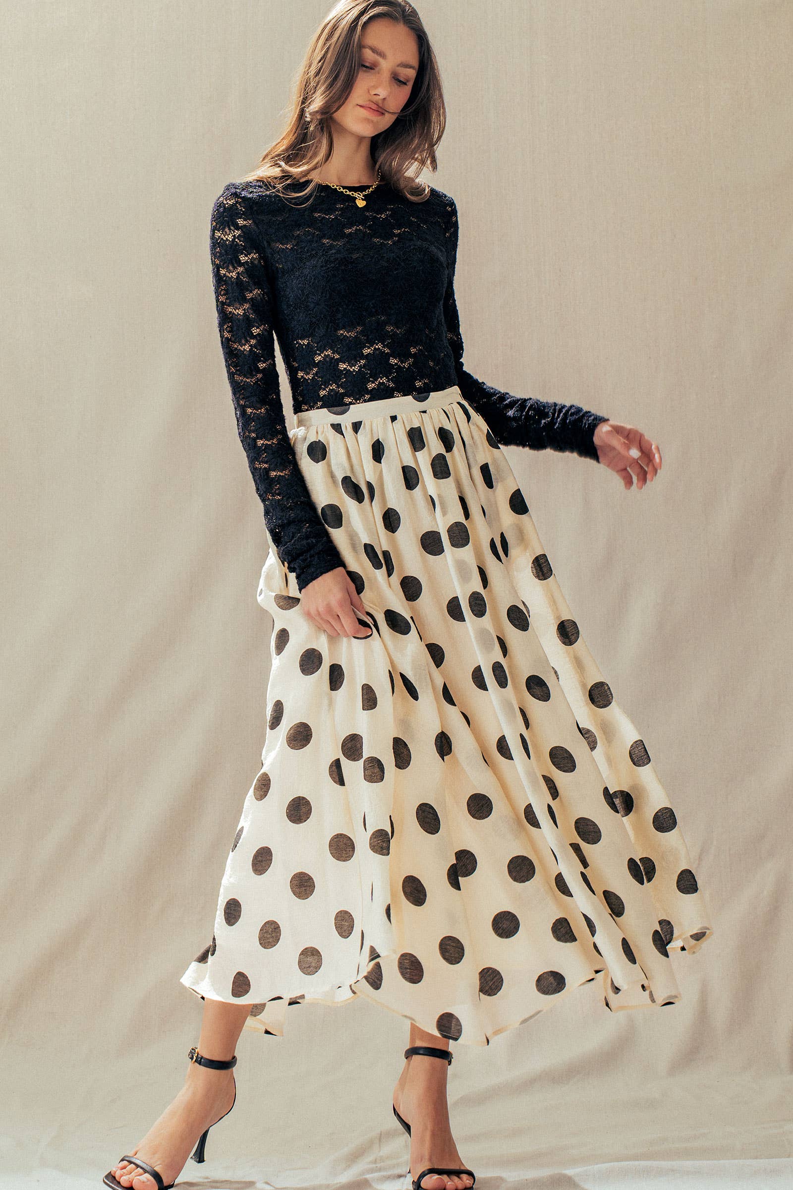 Polka Dot Elastic Waist Midi Skirt