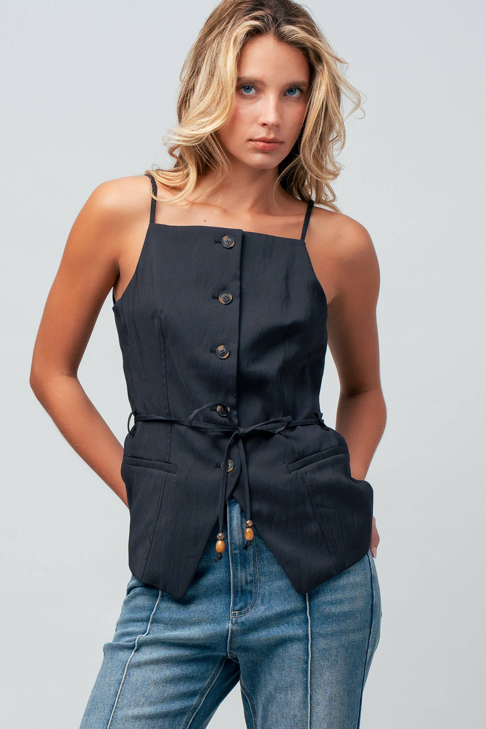 Button Front Tie Waist Vest Top