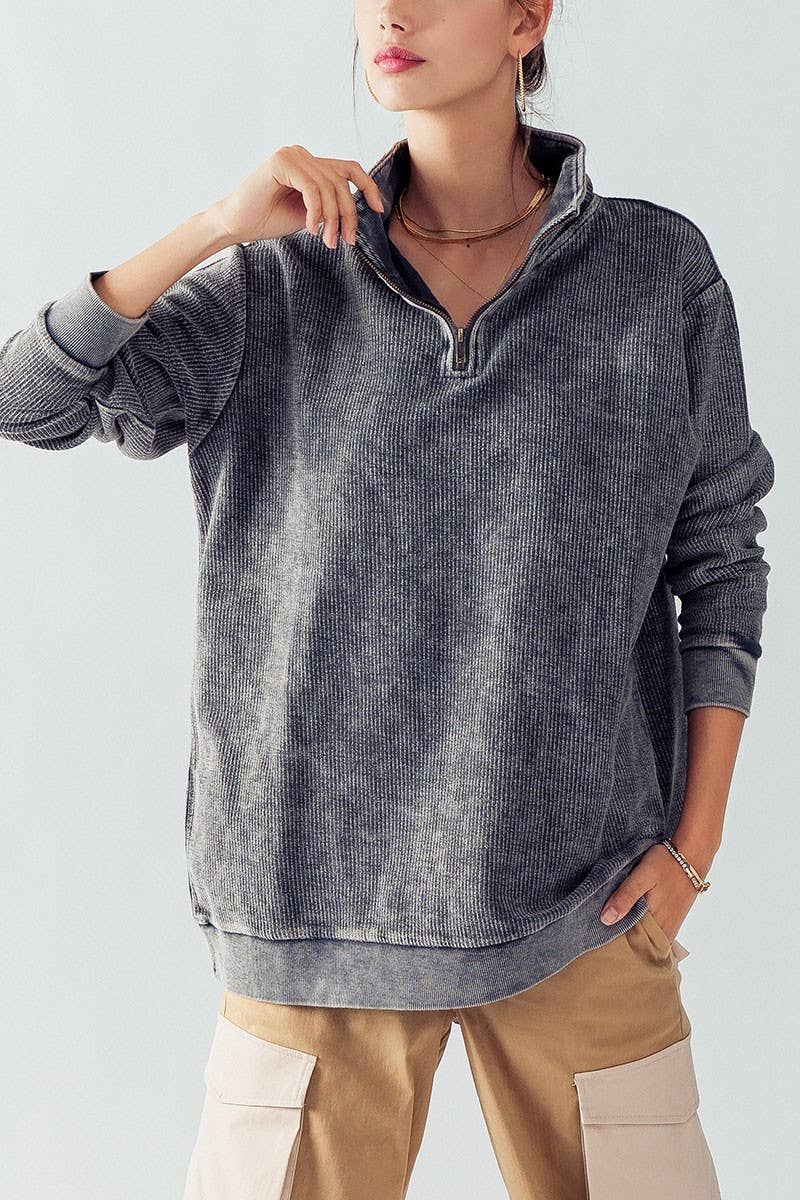 Urban Daizy Vintage Washed Quarter Zip Ribbed Sweatshirt Charcoal Sweatshirt - Women's (UDZ-KN-00255) – alternate view 29