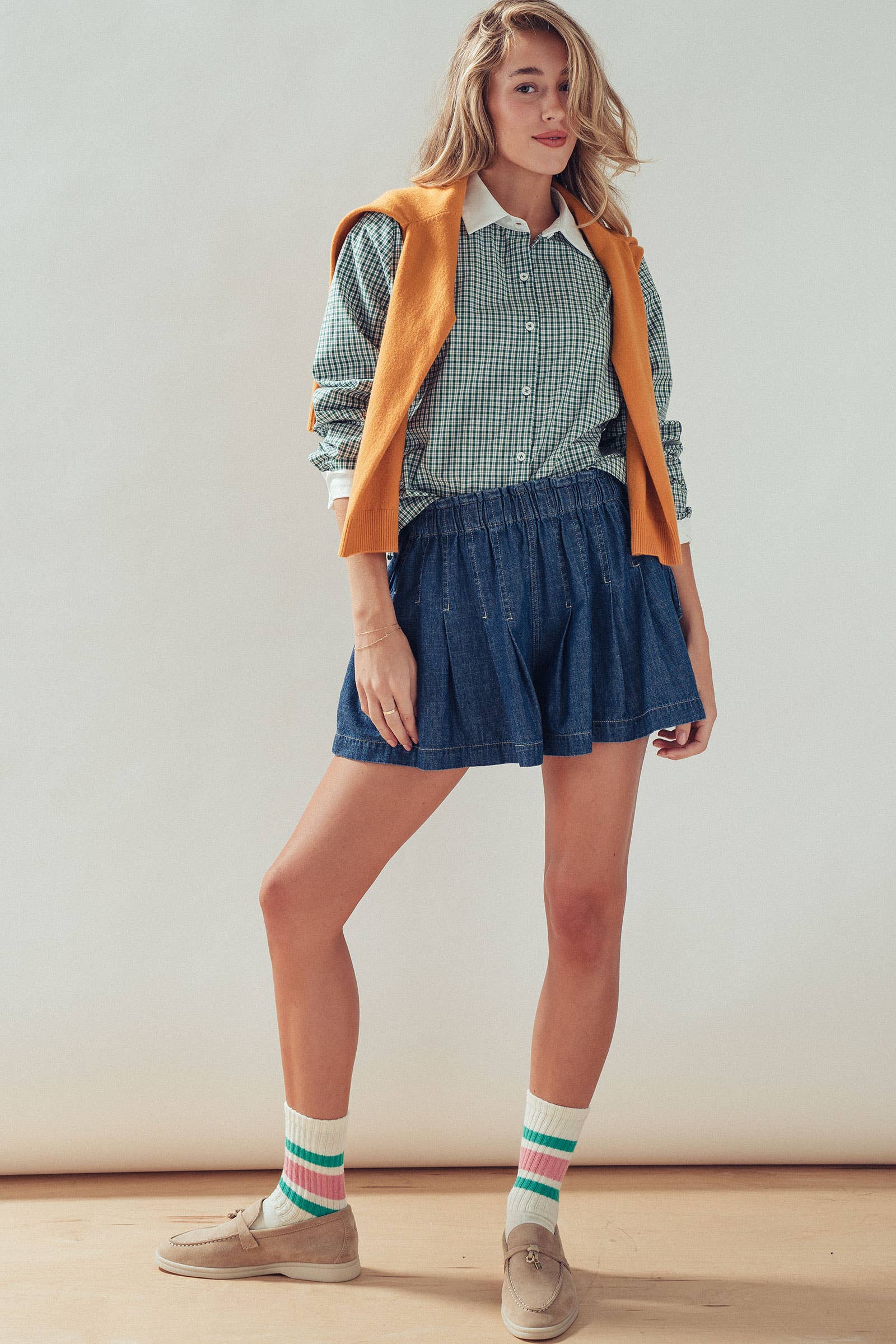 Pleated Denim Soft Shorts With Elastic Waist
