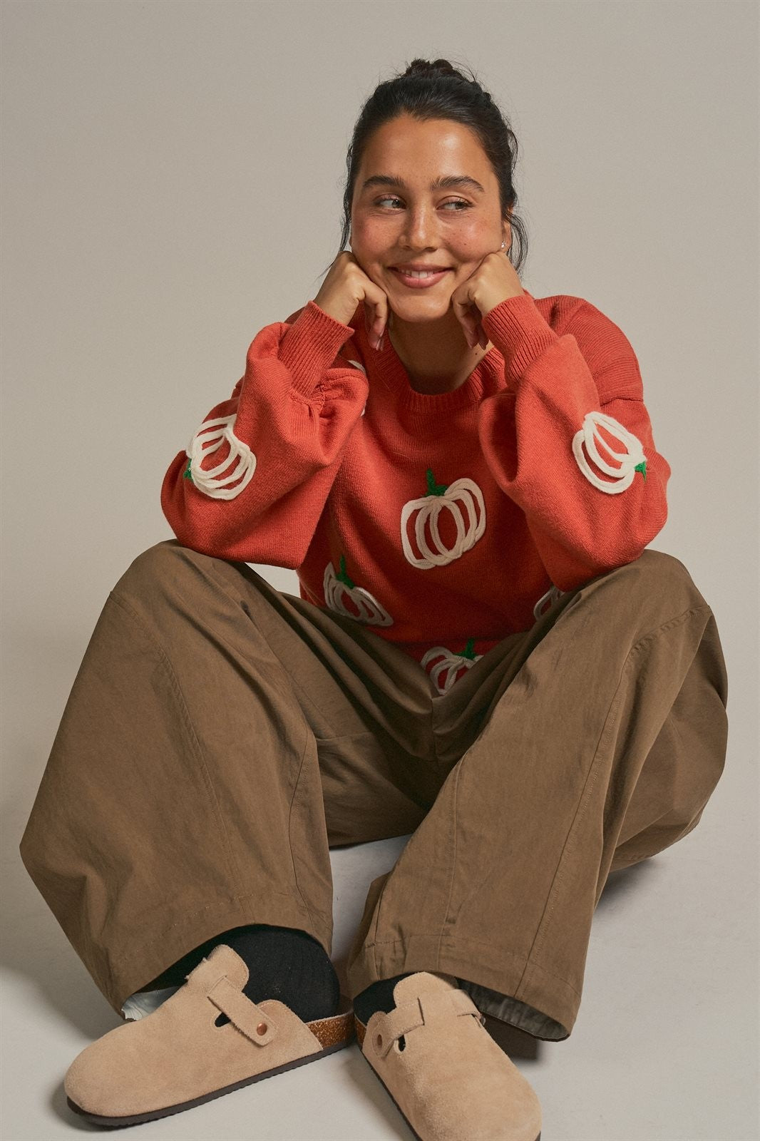 Pumpkin Embroidered Crew Neck Sweater in RUST - Women's Sweaters | Urban Daizy