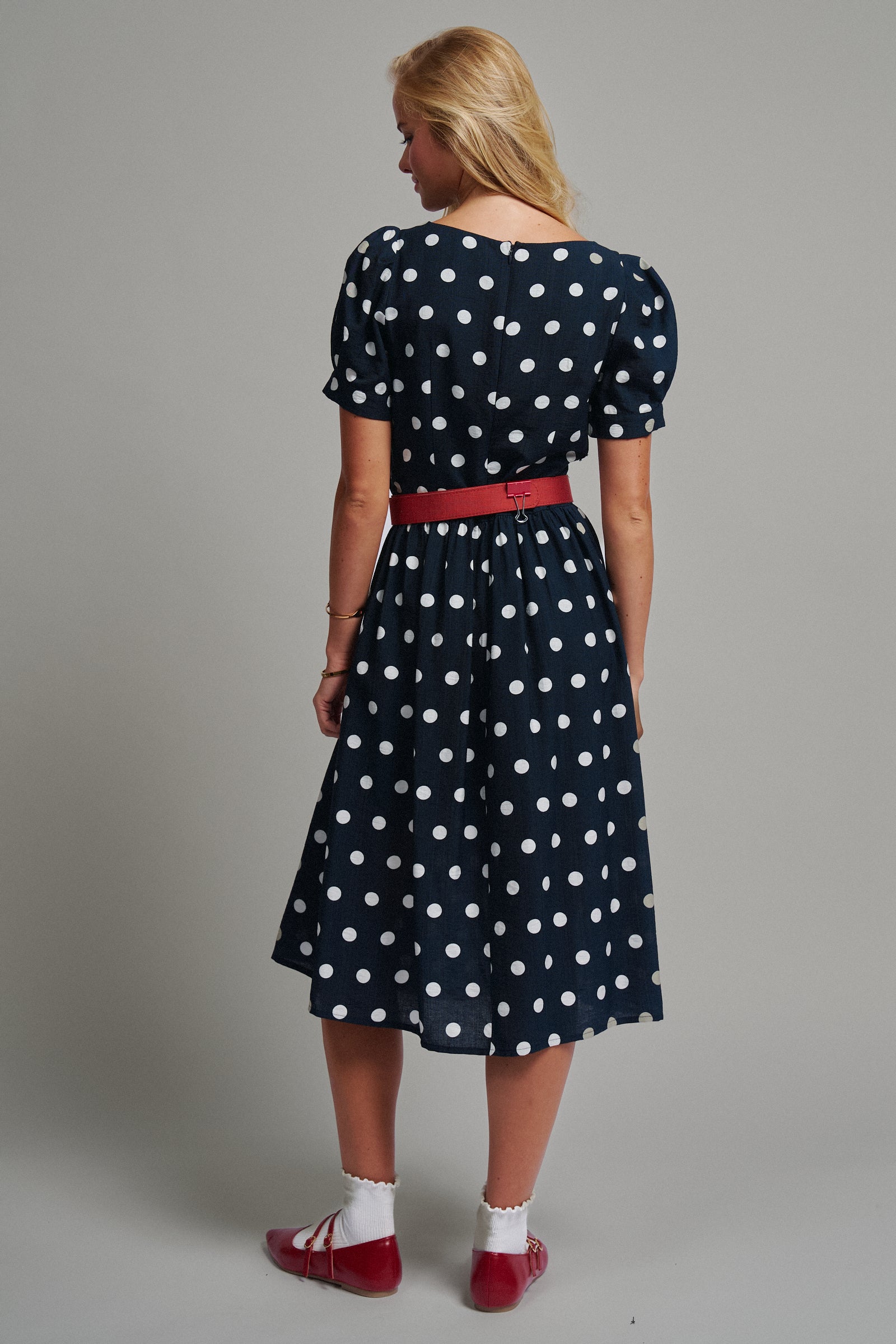 Polka Dot Belted Puff Sleeve Midi Dress