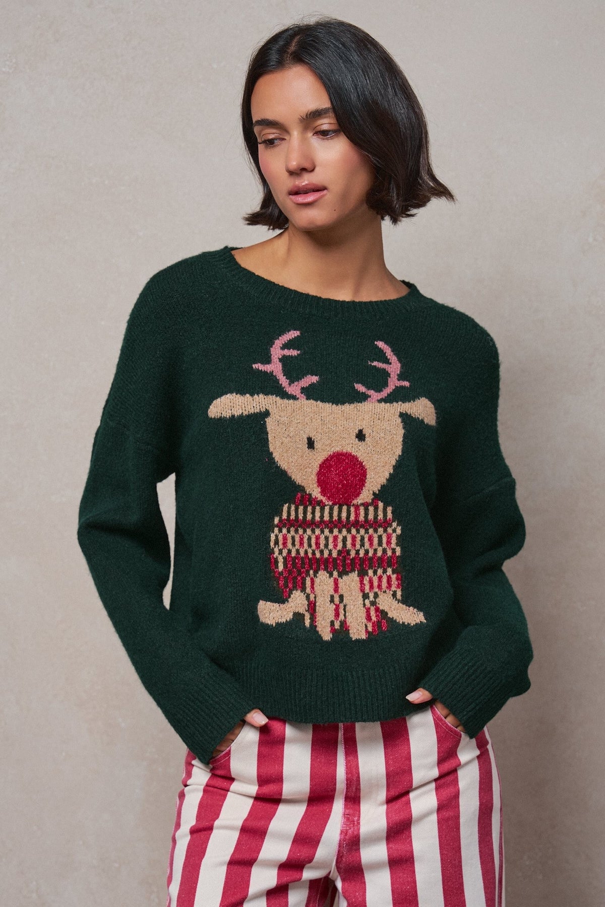 Rudolph Crewneck Knit Sweater in H GREEN - Women's Sweaters | Urban Daizy