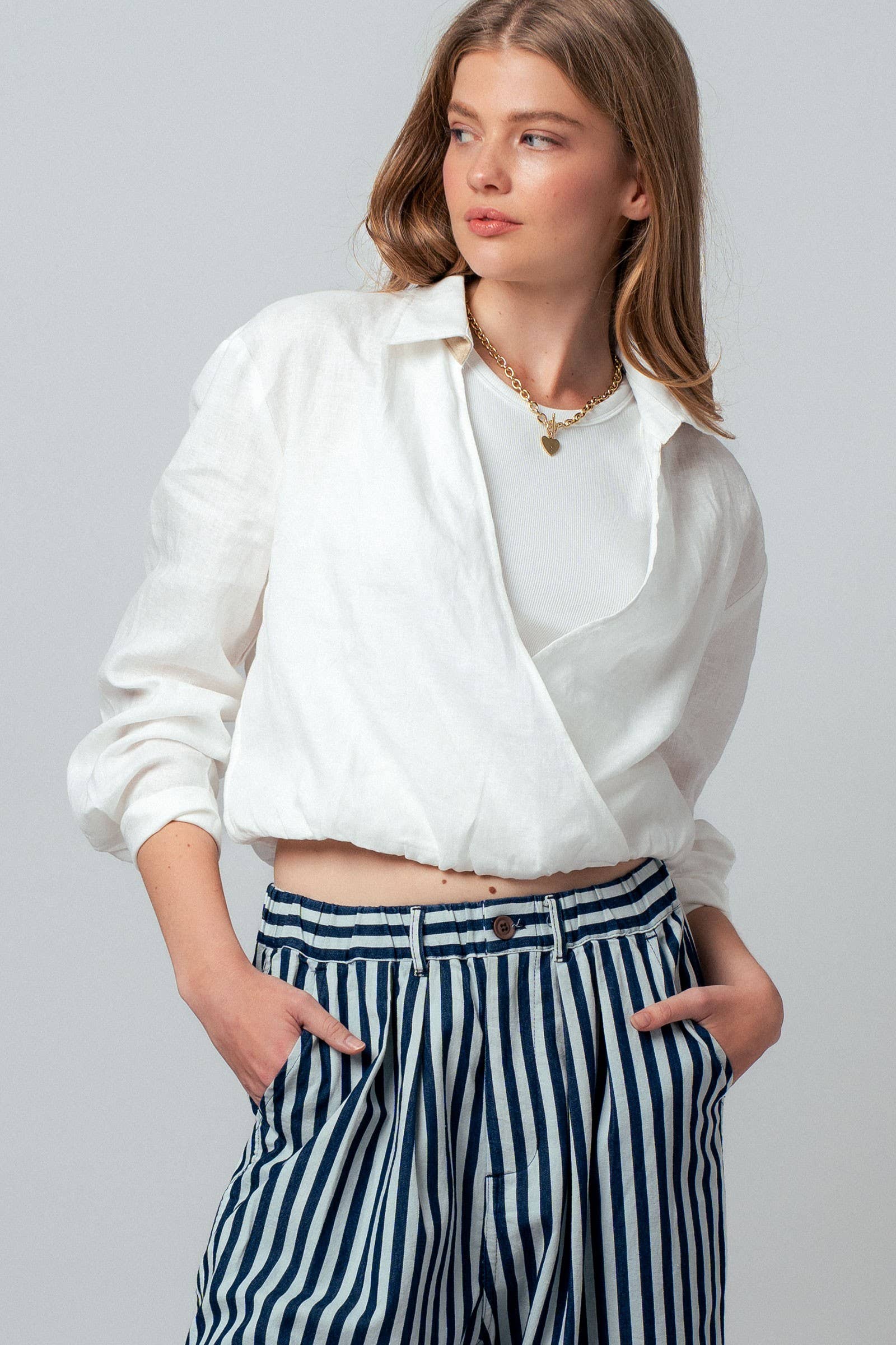 Collared Linen Wrap Crop Top