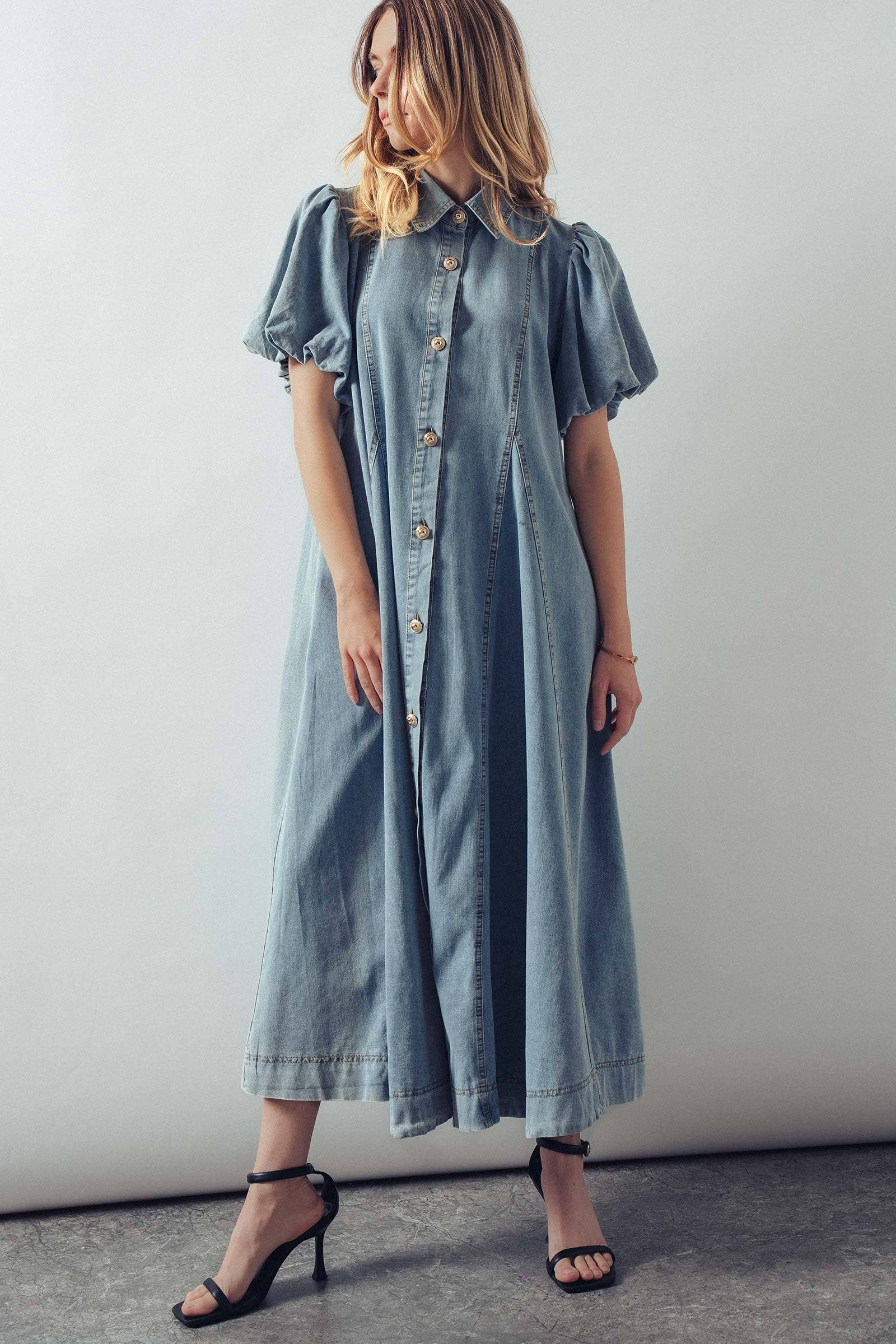 Urban Daizy Puff Sleeve A-Line Denim Maxi Dress Lt-Denim Dress - Women's (UDZ-DR-00392) – alternate view 6
