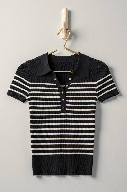 Striped Snap Collar Rib Knit Top