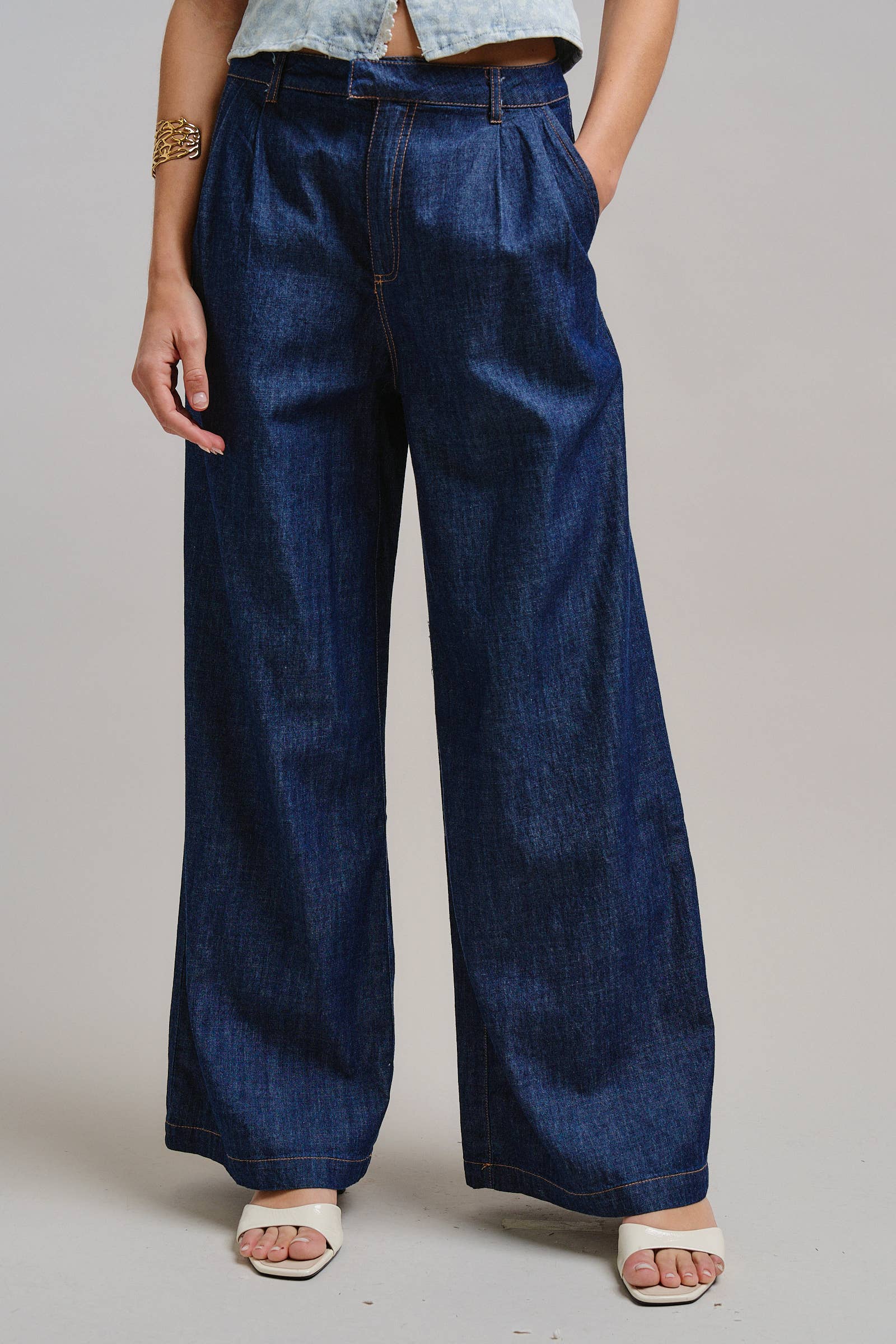 Urban Daizy Tailored Front Pleat Wide Leg Jeans Dk-Denim Jeans - Women's (TNPT0809-Dk-Denim)