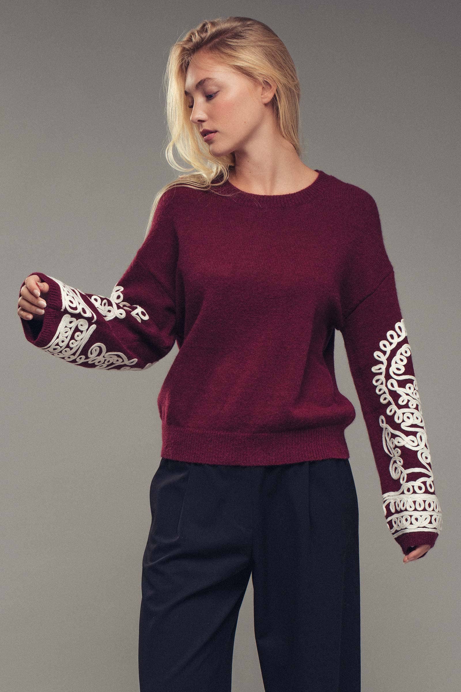 Urban Daizy Embroidered Sleeve Ivory Knit Sweater Ivory-Black Knit Sweater - Women's (UDZ-KN-00654) – alternate view 17