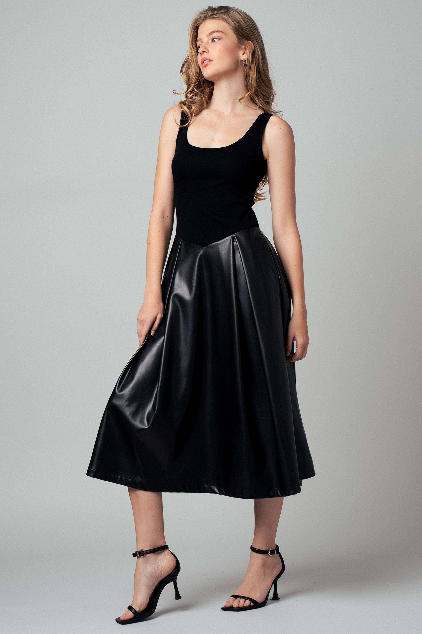 Faux Leather Contrast A-Line Midi Dress