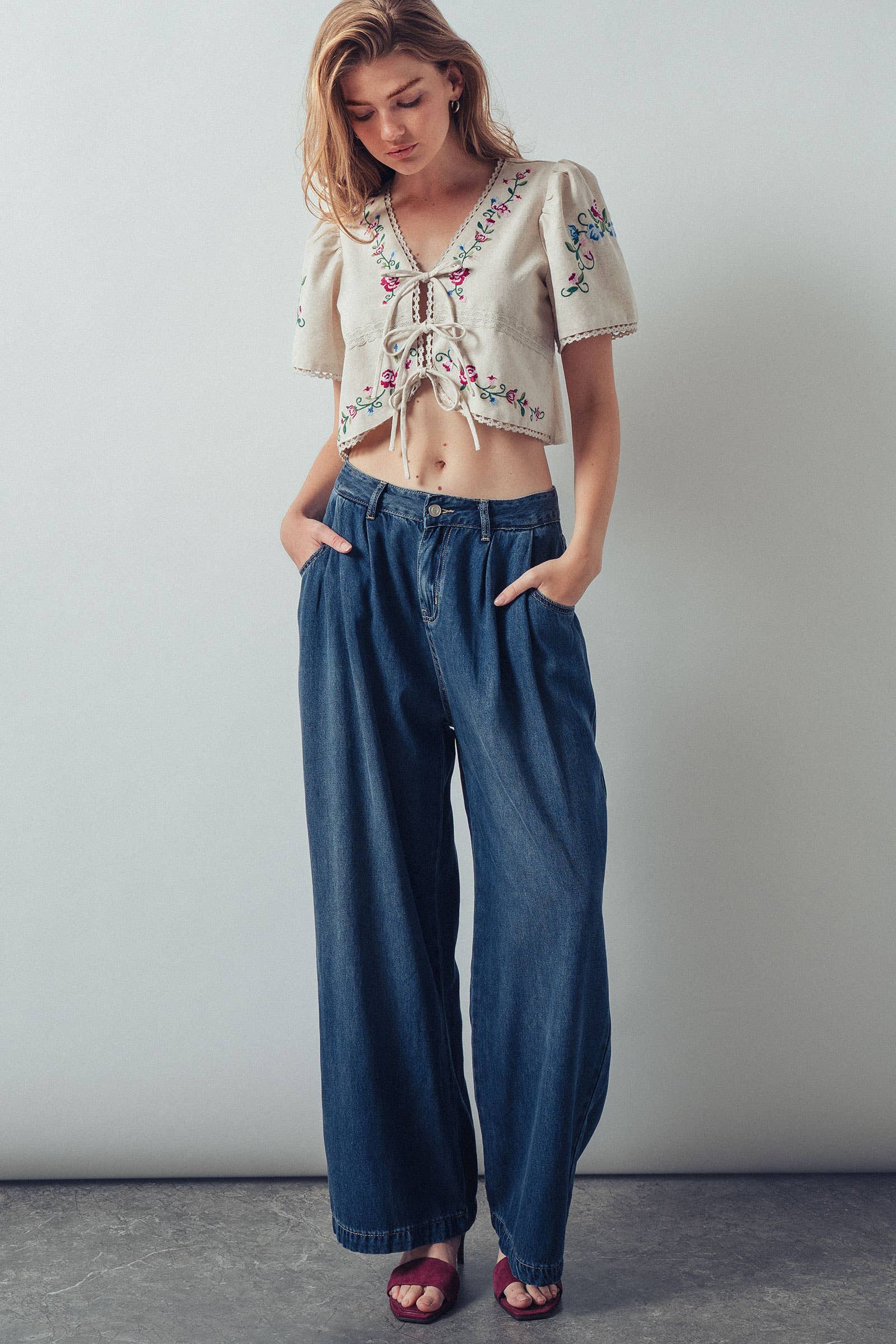 Pleated Wide-Leg Denim Pants