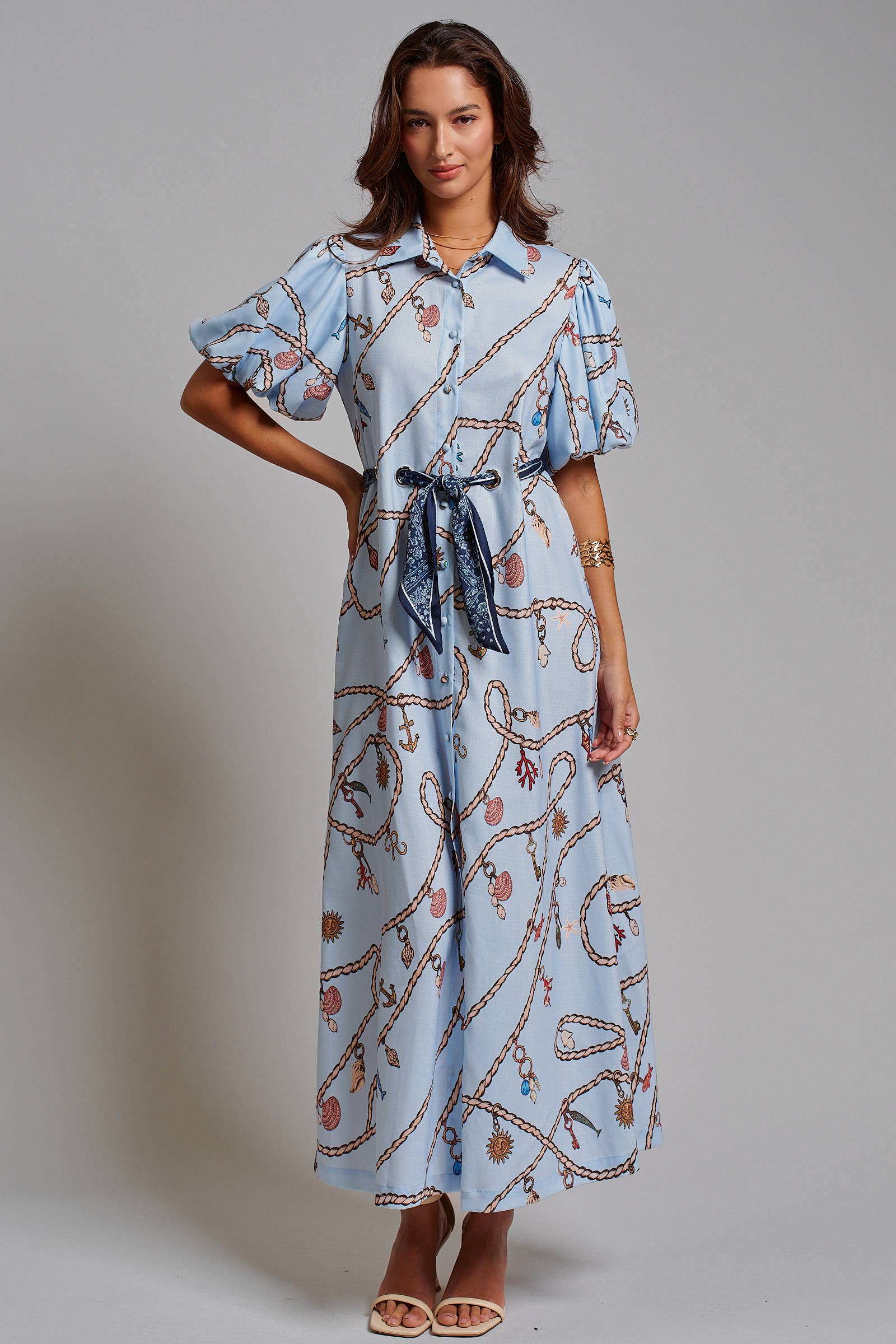 Nautical Motif Puff Sleeve Shirt Dress