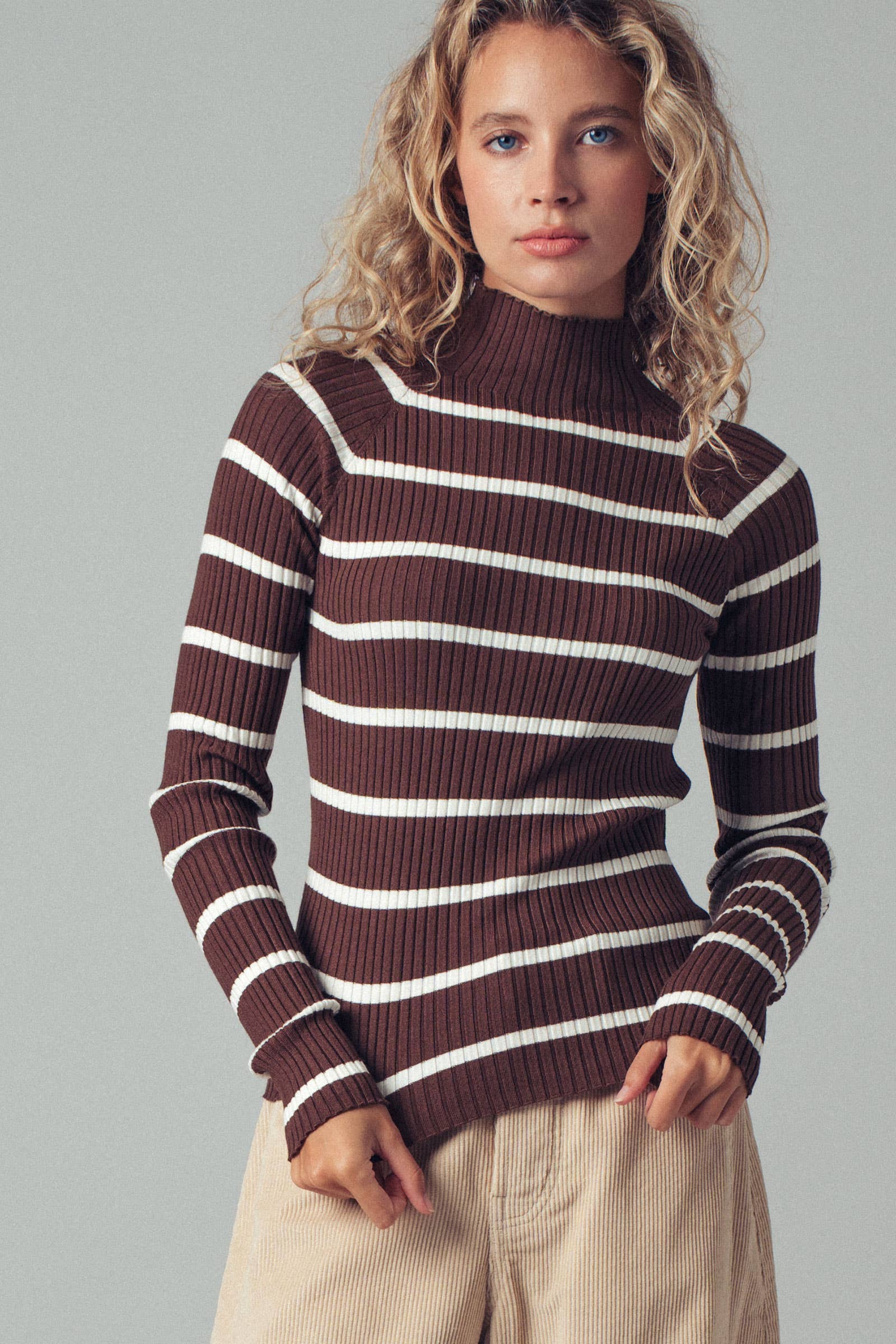 Striped Mock Neck Ribbed Sweater